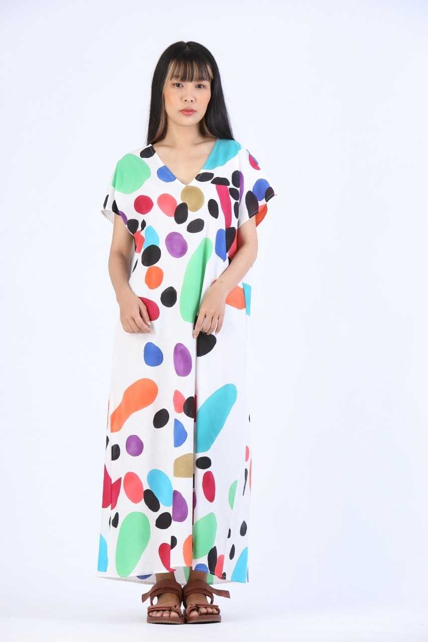 (Pre-order) Kaftan Pokadot Color Linen Hand Paint Free Size