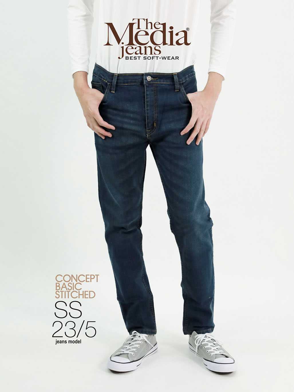 กางเกงยีนส์ ยืด ผู้ชาย ทรงกระบอกเล็ก สีน้ำทะเล MEDIA JEANS (SN:SS23/5)