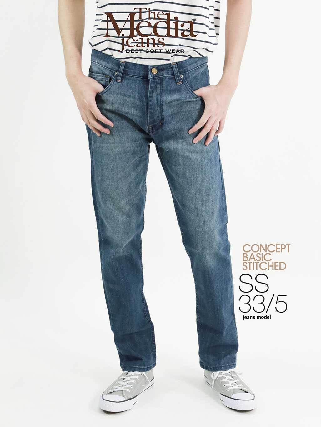 กางเกงยีนส์ ยืด ผู้ชาย ทรงกระบอกเล็ก น้ำเงินอมเขียว MEDIA JEANS (SN:SS33/5)