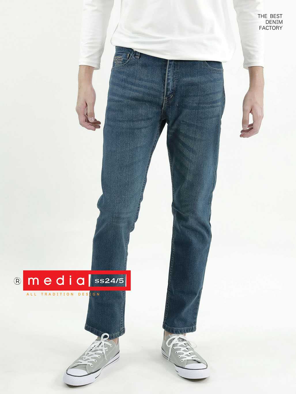 กางเกงยีนส์ ยืด ผู้ชาย ทรงกระบอกเล็ก สีน้ำเงิน MEDIA JEANS (SN:SS24/5)