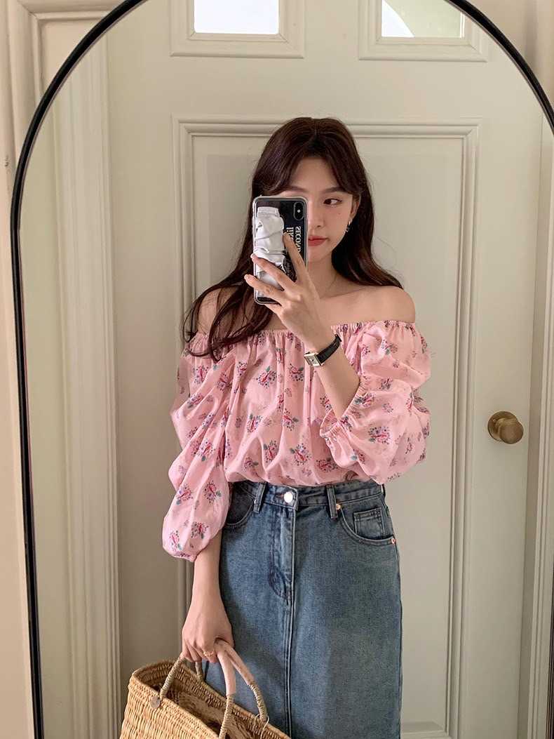 T295 เสื้อปาดไหล่สีชมพูหวาน ขนาดฟรีไซส์