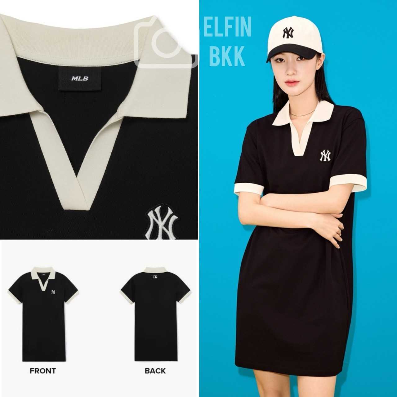 🚨Clearance Sale🚨 เดรส MLB Woman One-piece NY เดรสสั้นสีดำ คอปกสีครีม โลโก้ NY
