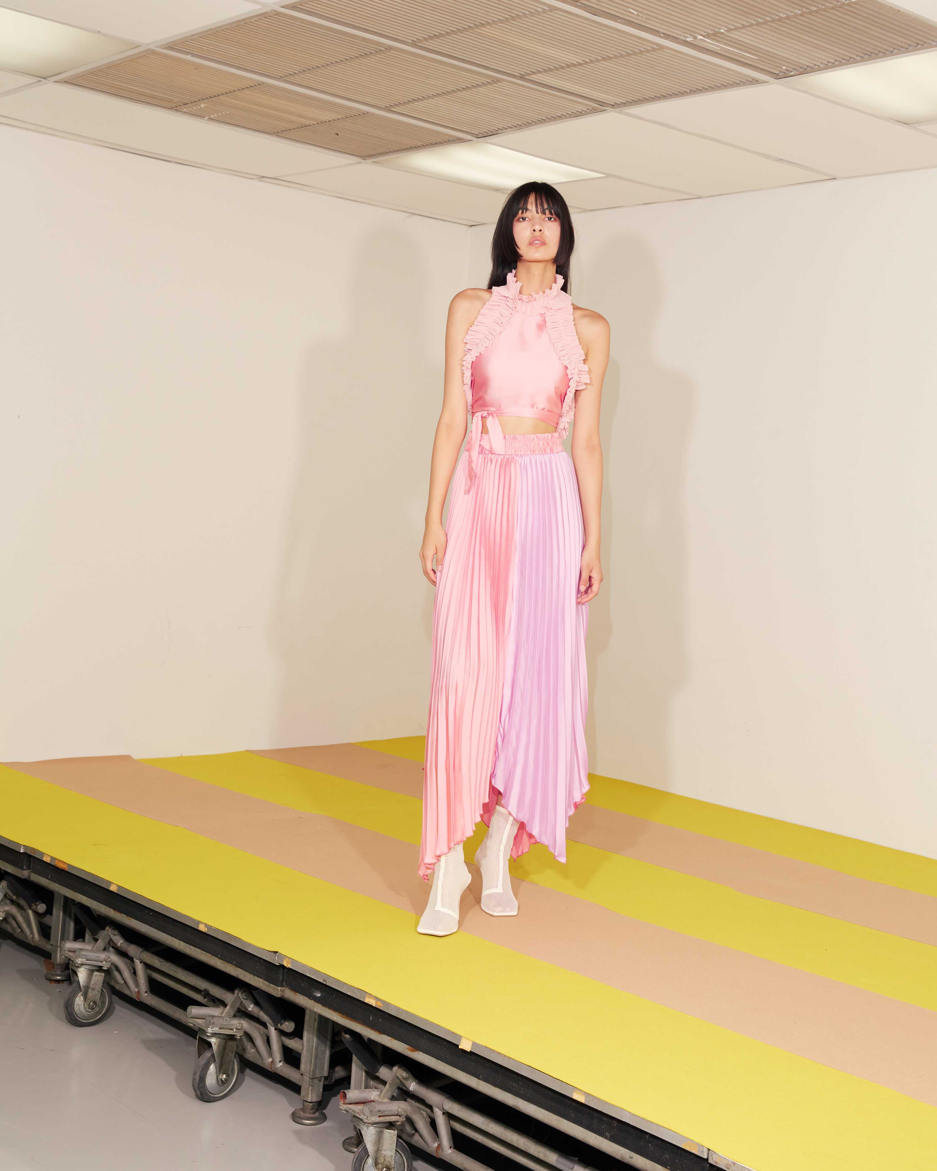 Bias cut pleated 2 tone - Candy pink