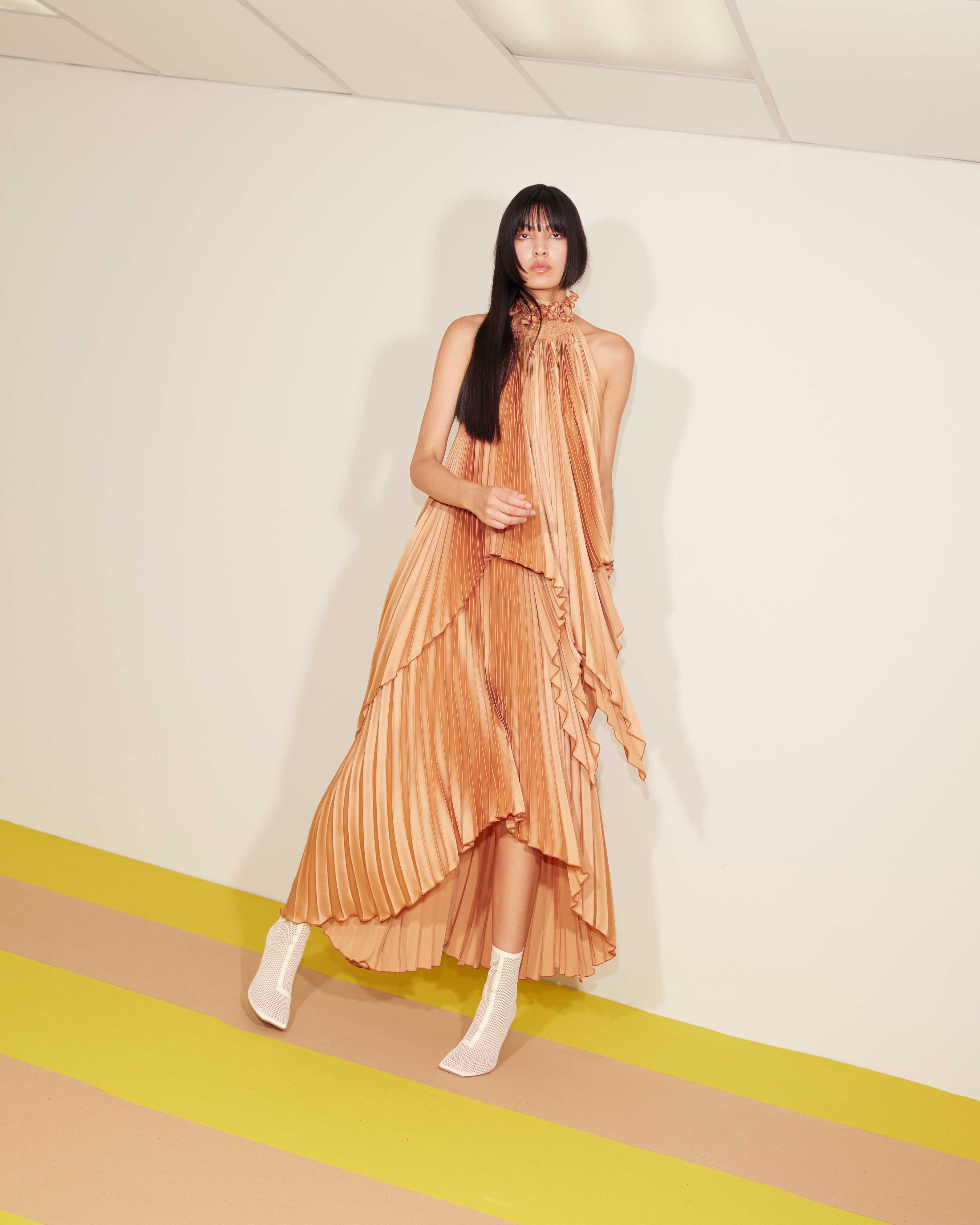 Ruffle neck open back set (Top&skirt) - Cha