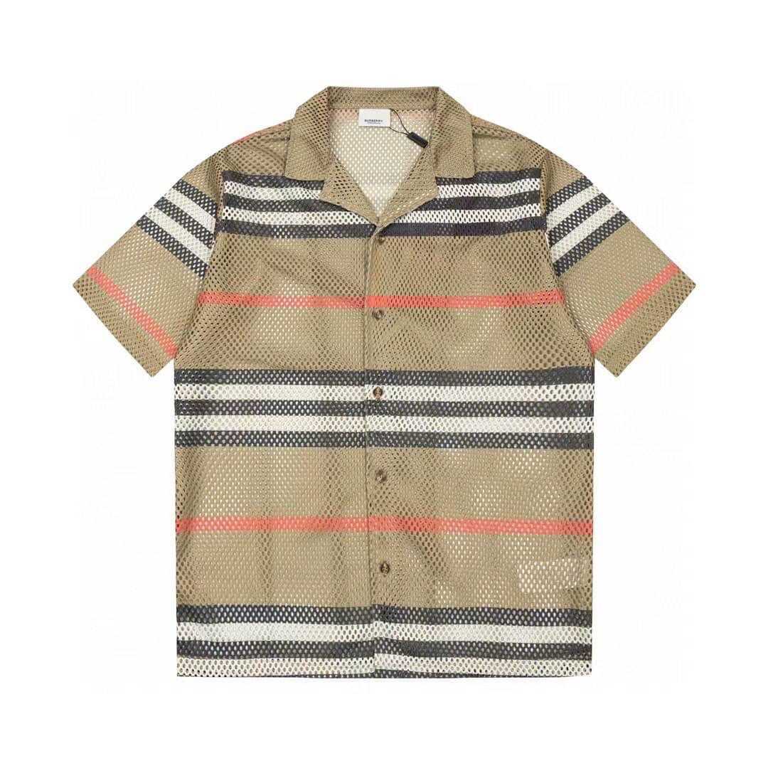 BURBERRY ICONIC BRITISH LABEL VINTAGE CHECK OPEN MESH WEAVE SHIRT IN BEIGE เสื้อเบอเบอรี่