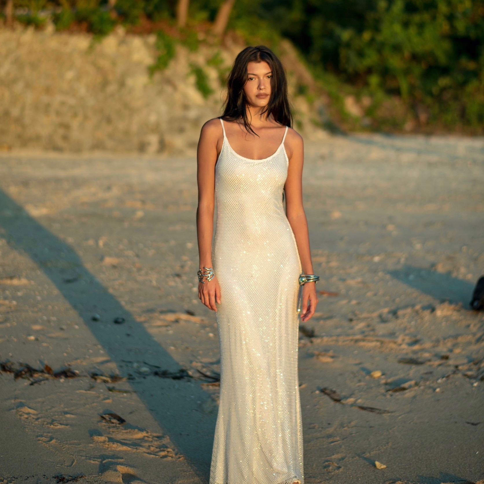 Twilight Shine Crystal Maxi Dress ( white)
