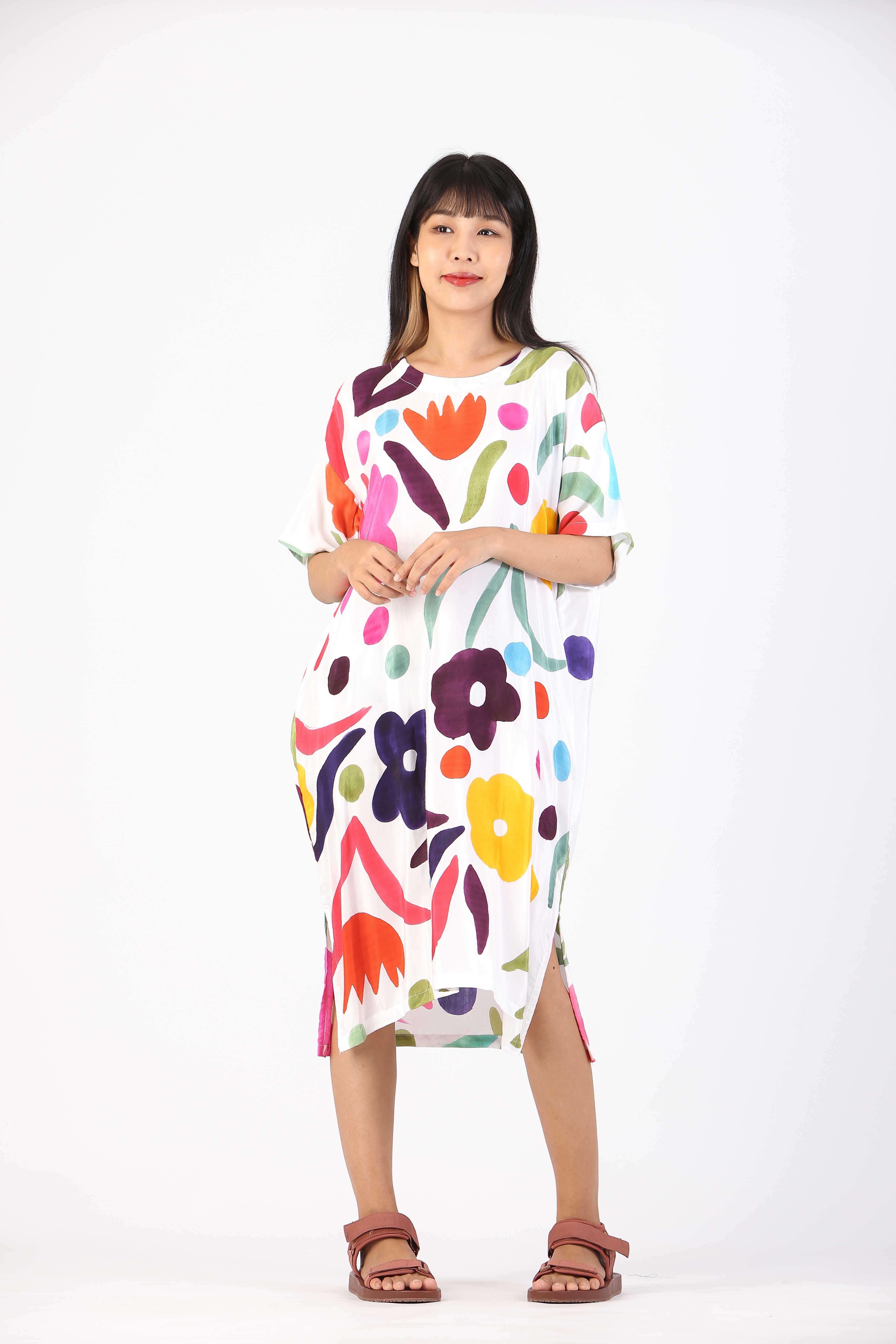 (Pre-order)Short Dress Cotton Silk Hand Paint Free Size