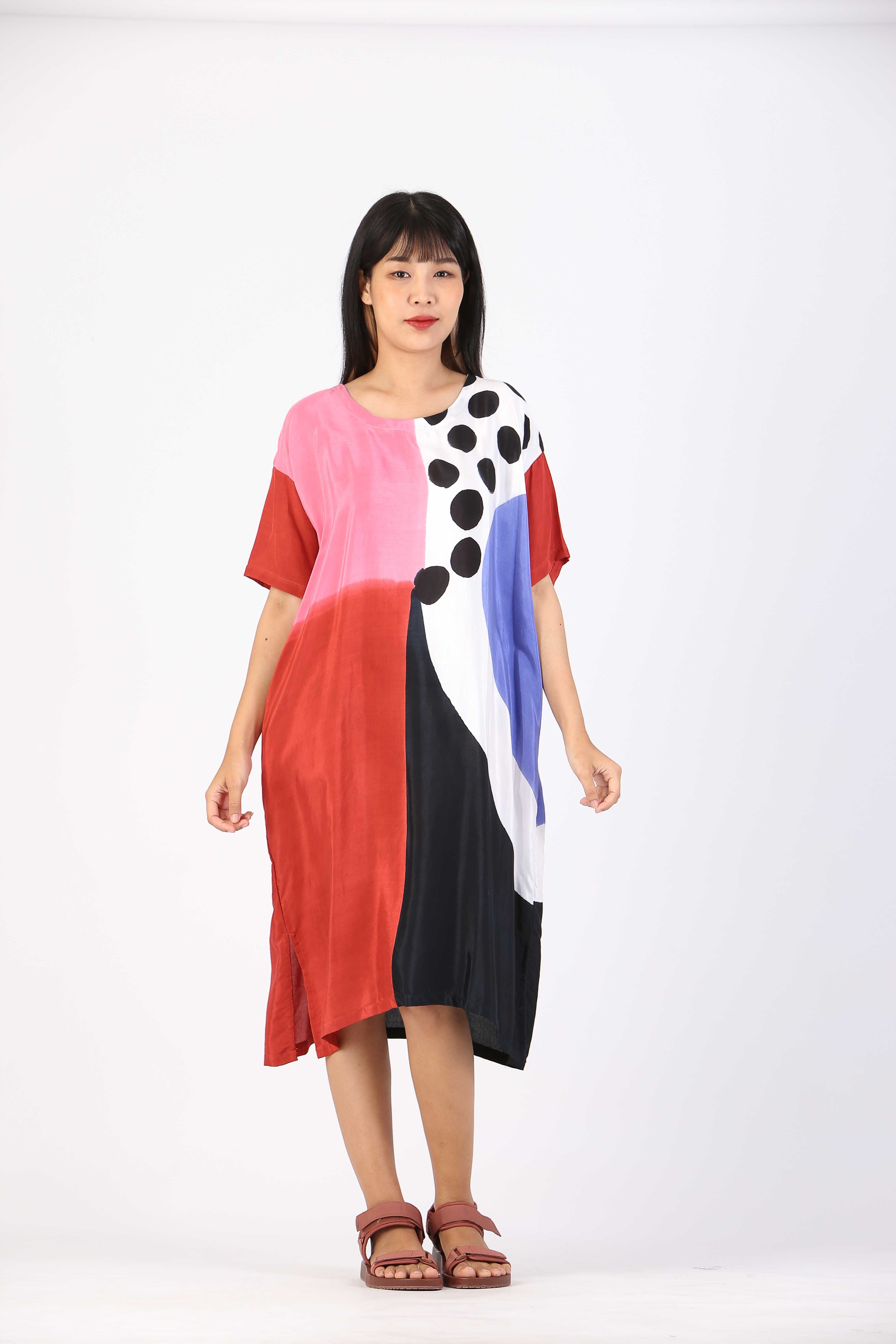 (Pre-order)Short Dress Cotton Silk Hand Paint Free Size