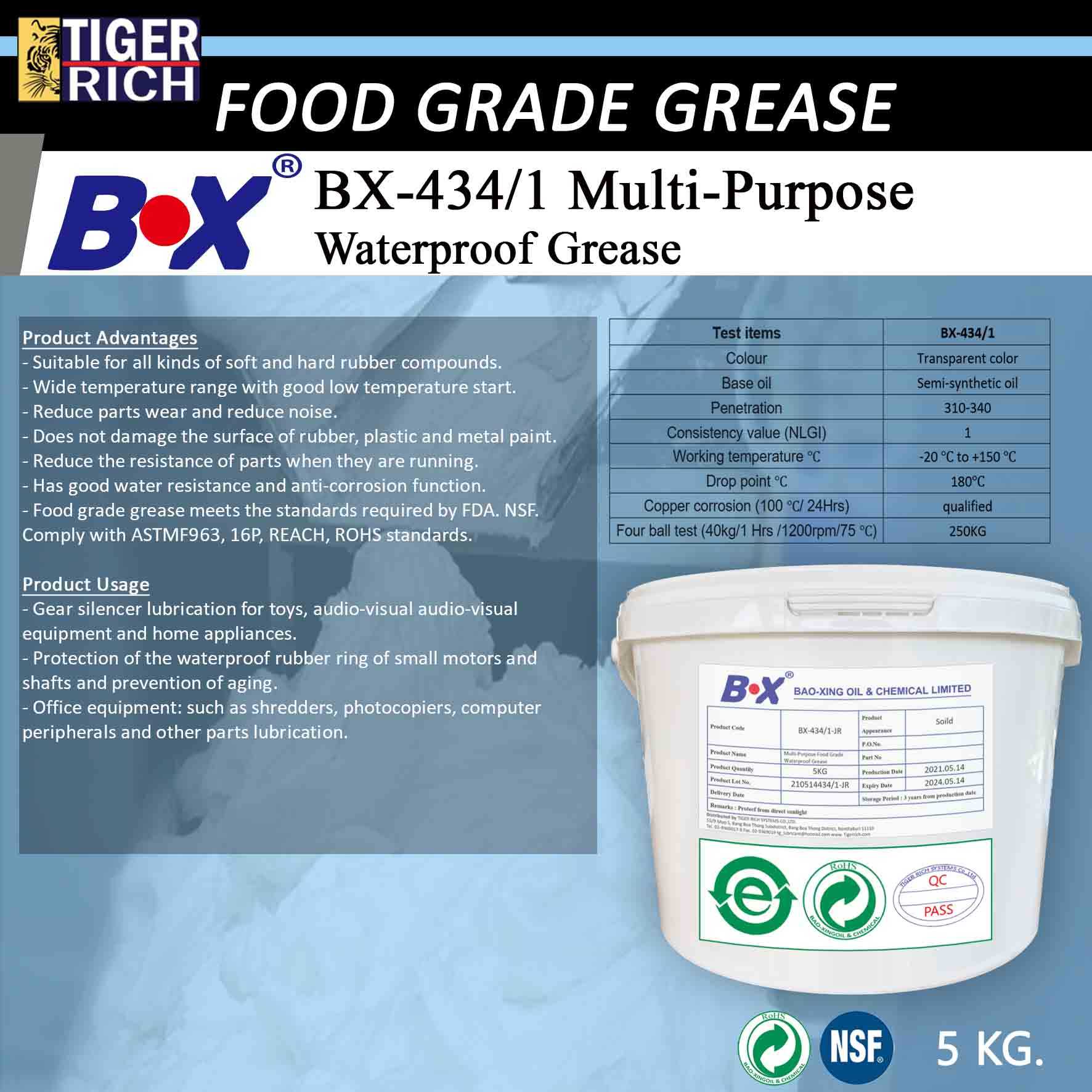 BX-434 PLASTIC GREASE Multi-purpose food grade waterproof grease (5 KG.)