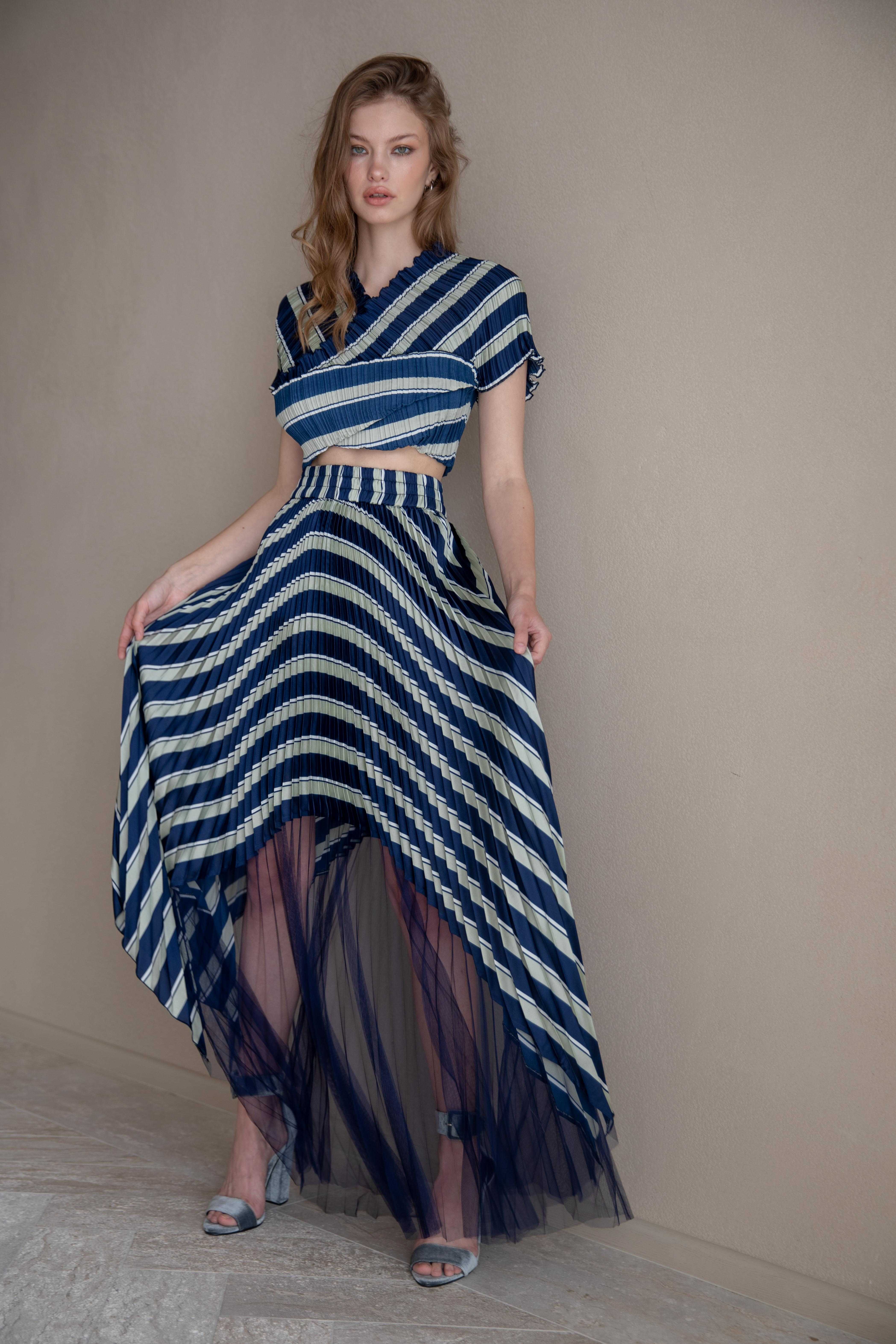 Navy Stripes pleated Skirt Tullehem