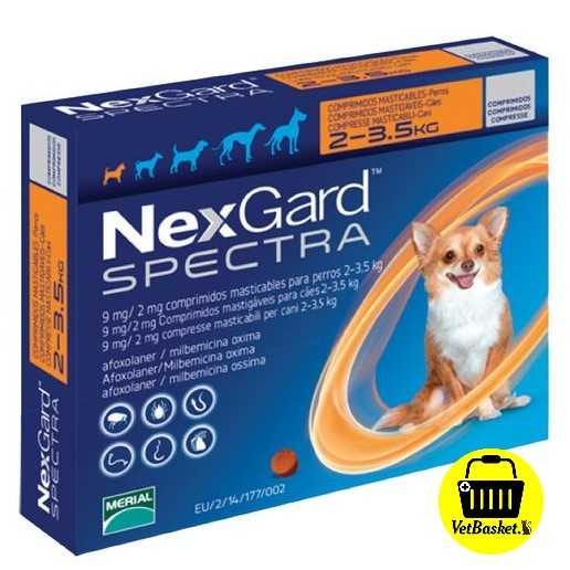 Nexgard Spectra (สีส้ม) 2-3.5 kg. กำจัดเห็บหมัด หนอนหัวใจ ขี้เรื้อน สำหรับสุนัข