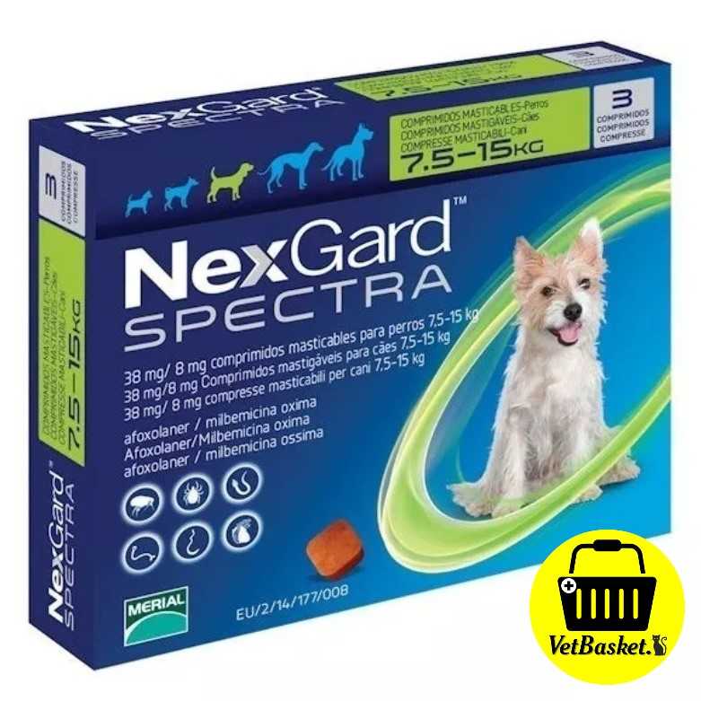 Nexgard Spectra (สีเขียว) 7.5-15 kg. กำจัดเห็บหมัด หนอนหัวใจ ขี้เรื้อน สำหรับสุนัข