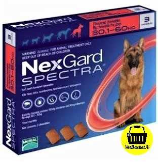 Nexgard Spectra (สีแดง) 30-60 kg. กำจัดเห็บหมัด หนอนหัวใจ ขี้เรื้อน สำหรับสุนัข