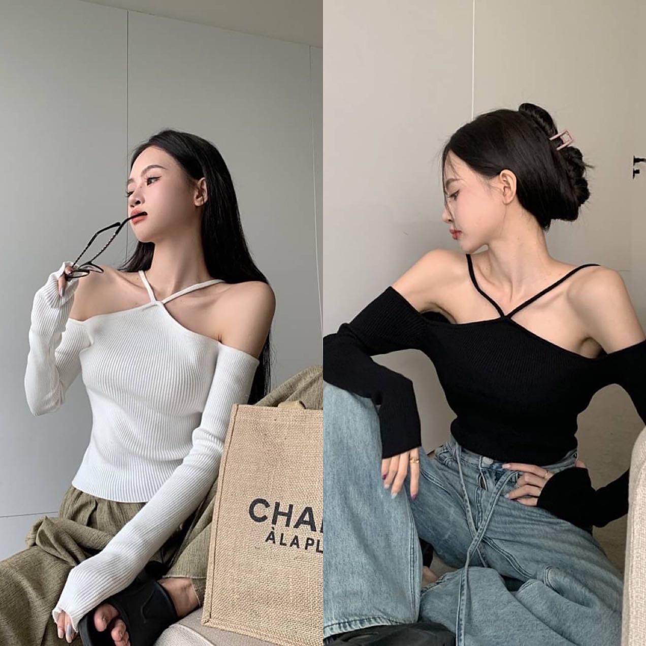 Basic cross shoulder knit top