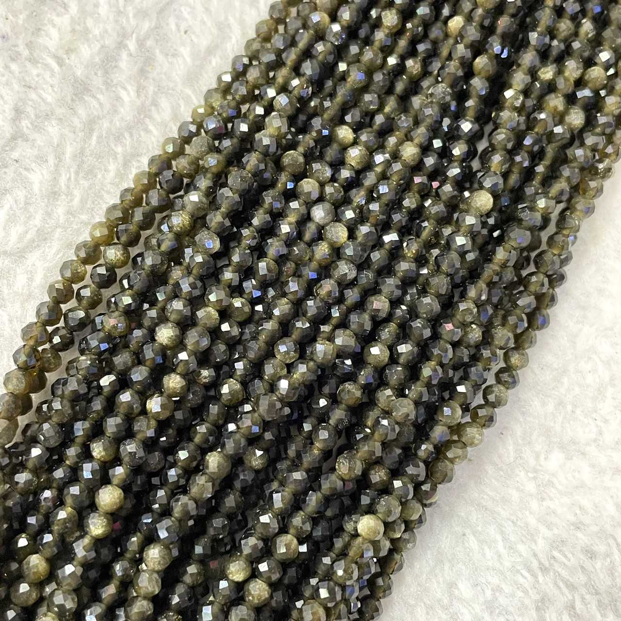 ออบซิเดียน สีทอง (Golden Obsidian) 3 mm เจียเหลี่ยม เส้นยาว
