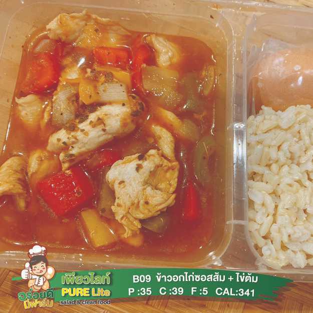 B09 ข้าวอกไก่ซอสส้ม + ไข่ต้ม