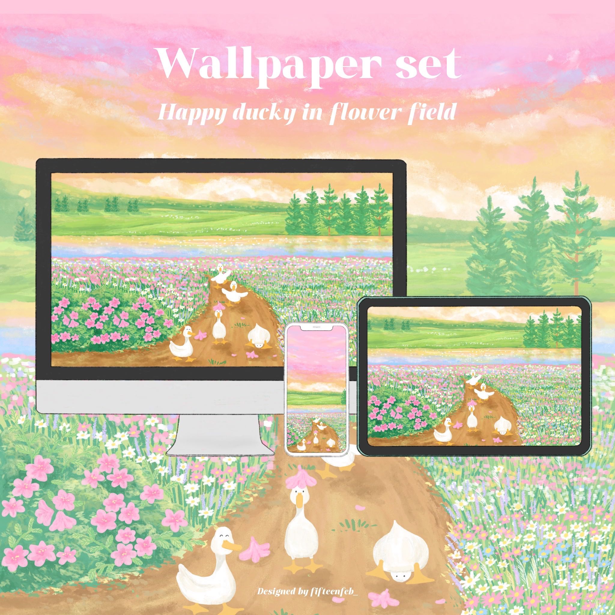 Wallpaper set (Happy ducky in flower field)