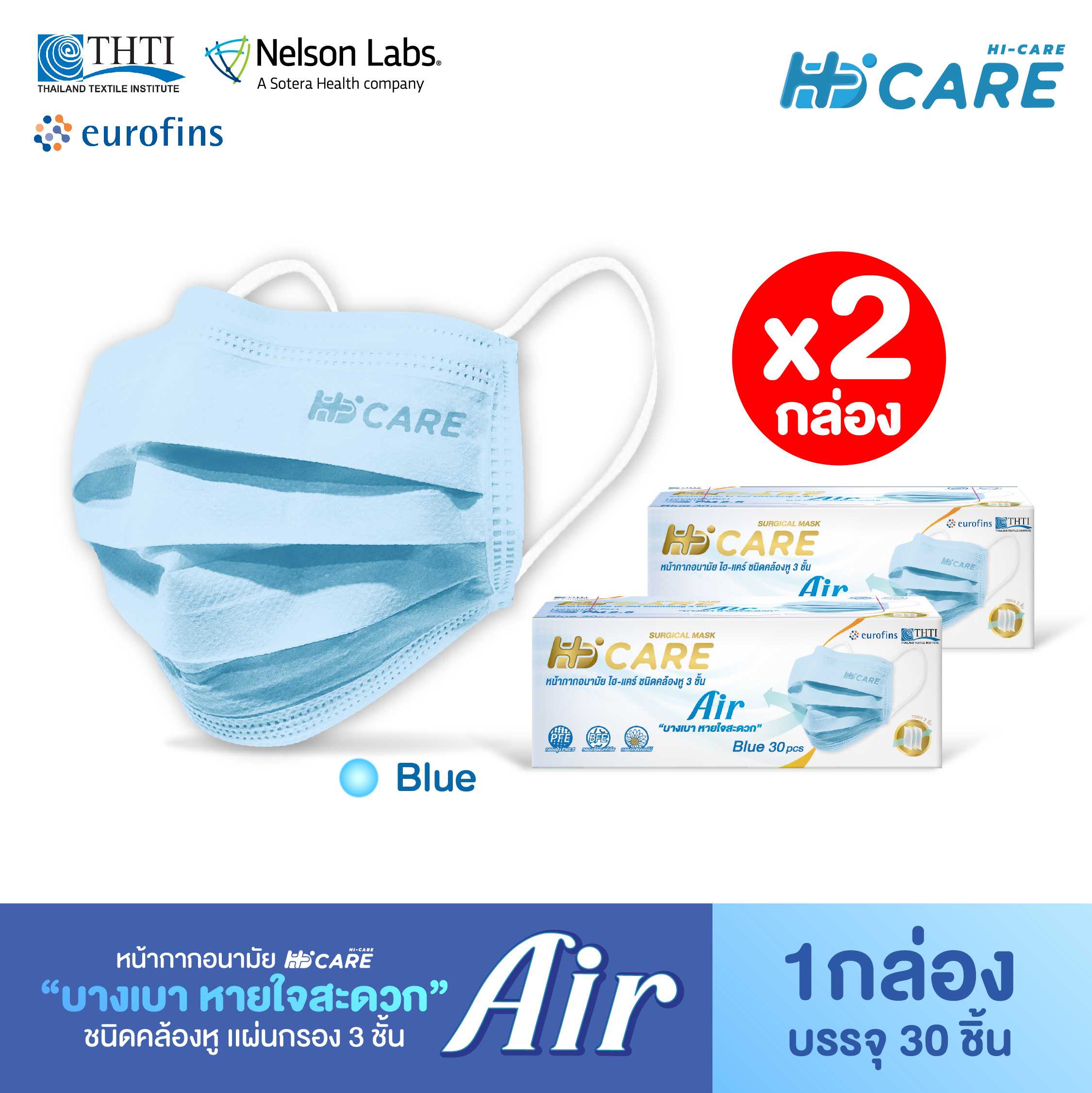 Hi-Care Air สีฟ้า[เซทคู่สุดคุ้ม] หน้ากากอนามัย เบาสบายหายใจสะดวก ไม่ระคายเคือง (จำนวน  2 กล่อง )