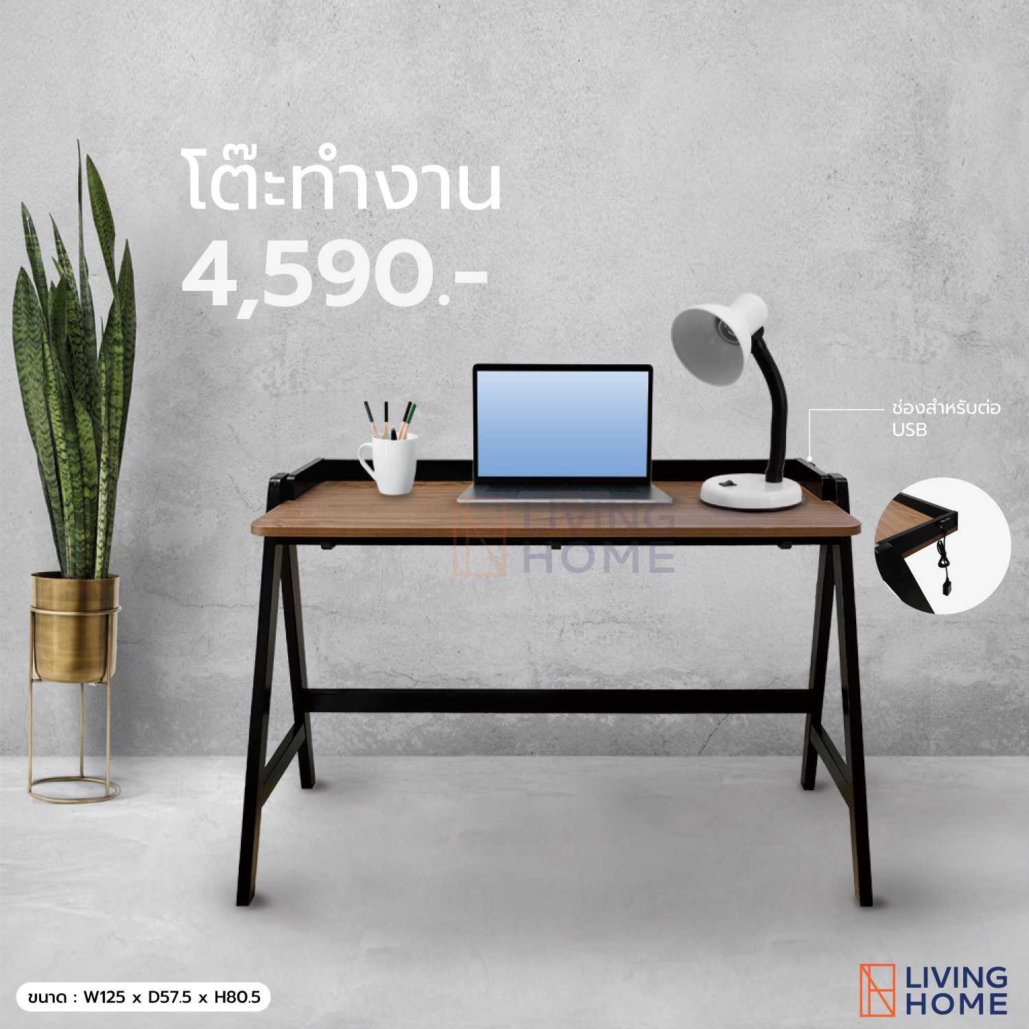 โต๊ะทำงานพร้อมช่องเสียบUSB ขนาด 125x60x80 ซม. สีวอลนัท