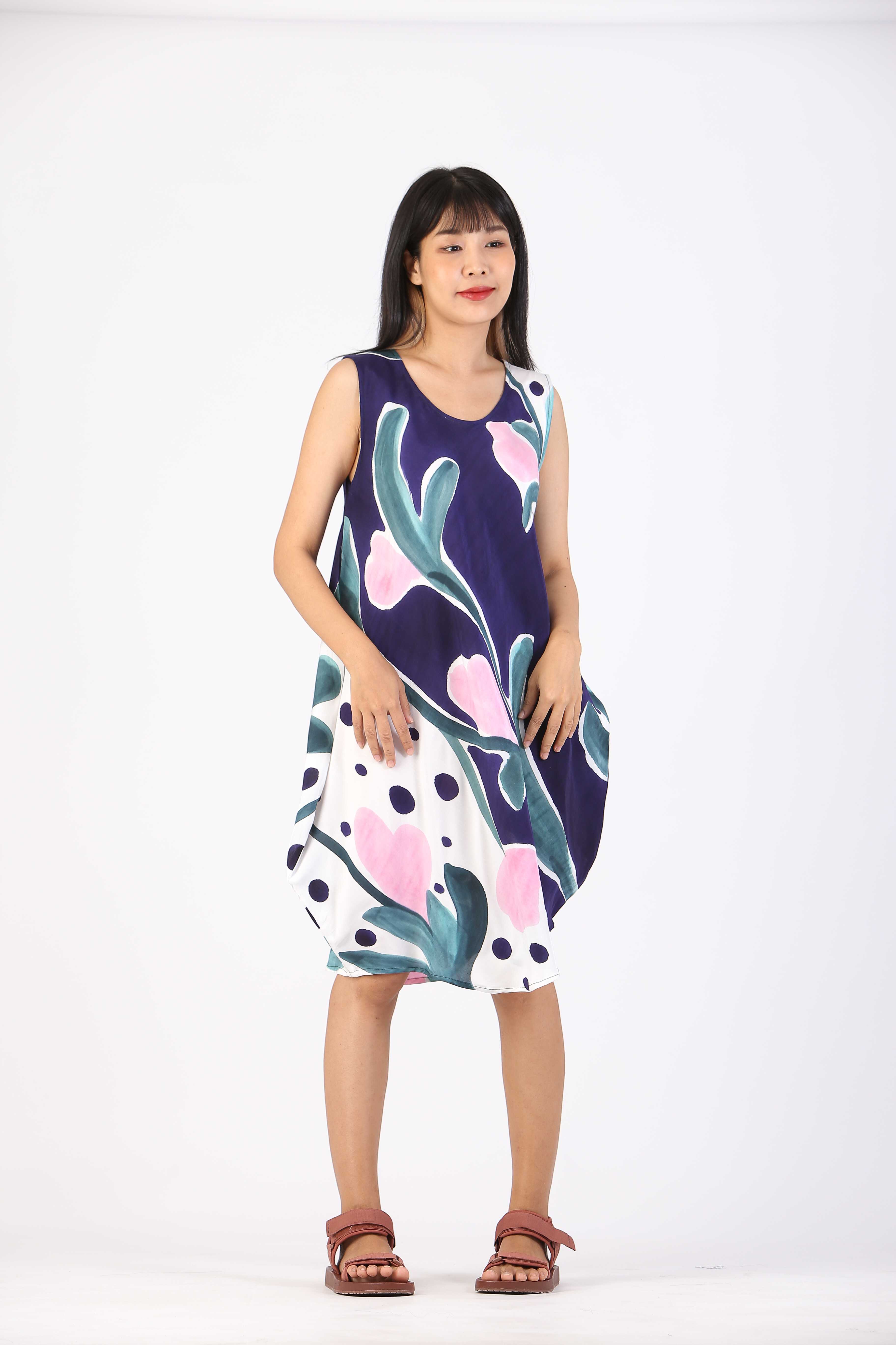 (Pre-order)Short Dress  Cotton Silk Hand Paint  แขนกุด