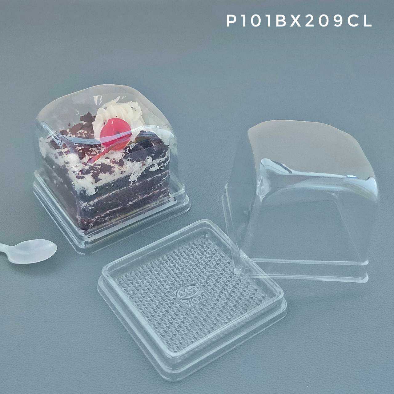 P101BX209CL กล่องเค้กเหลี่ยมฐานสีใส ฝาสูง รุ่นV021(ห่อ50ชุด ลัง700ชุด)