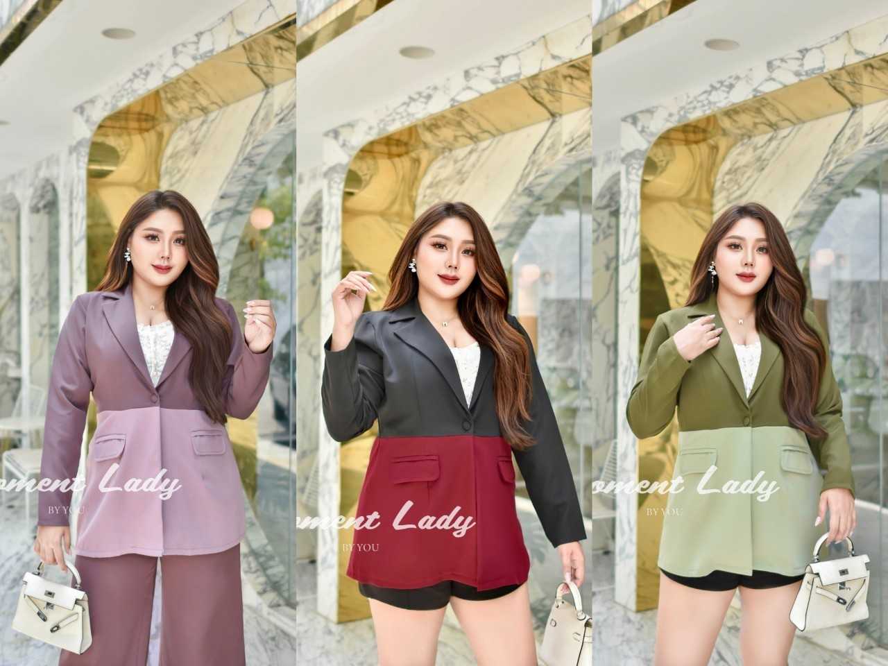 ML [Suit] 1 เสื้อสูททูโทน ดีไซค์สำหรับสาวอวบลุคสาวทำงาน สาวเท่ ตัดต่อผ้าทูโทนติดกระดุมปั้ม1เม็ด