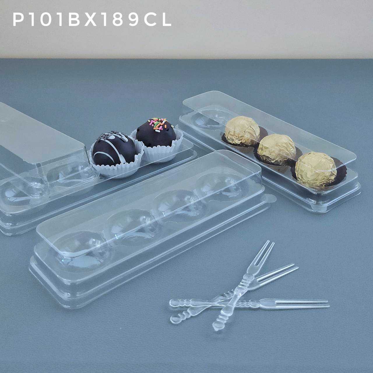 P101BX189CL กล่องเบเกอรี่4ช่องฐานใส หลุมกลม เนื้อPET ห่อ 50 ชุด ลัง 400 ชุด