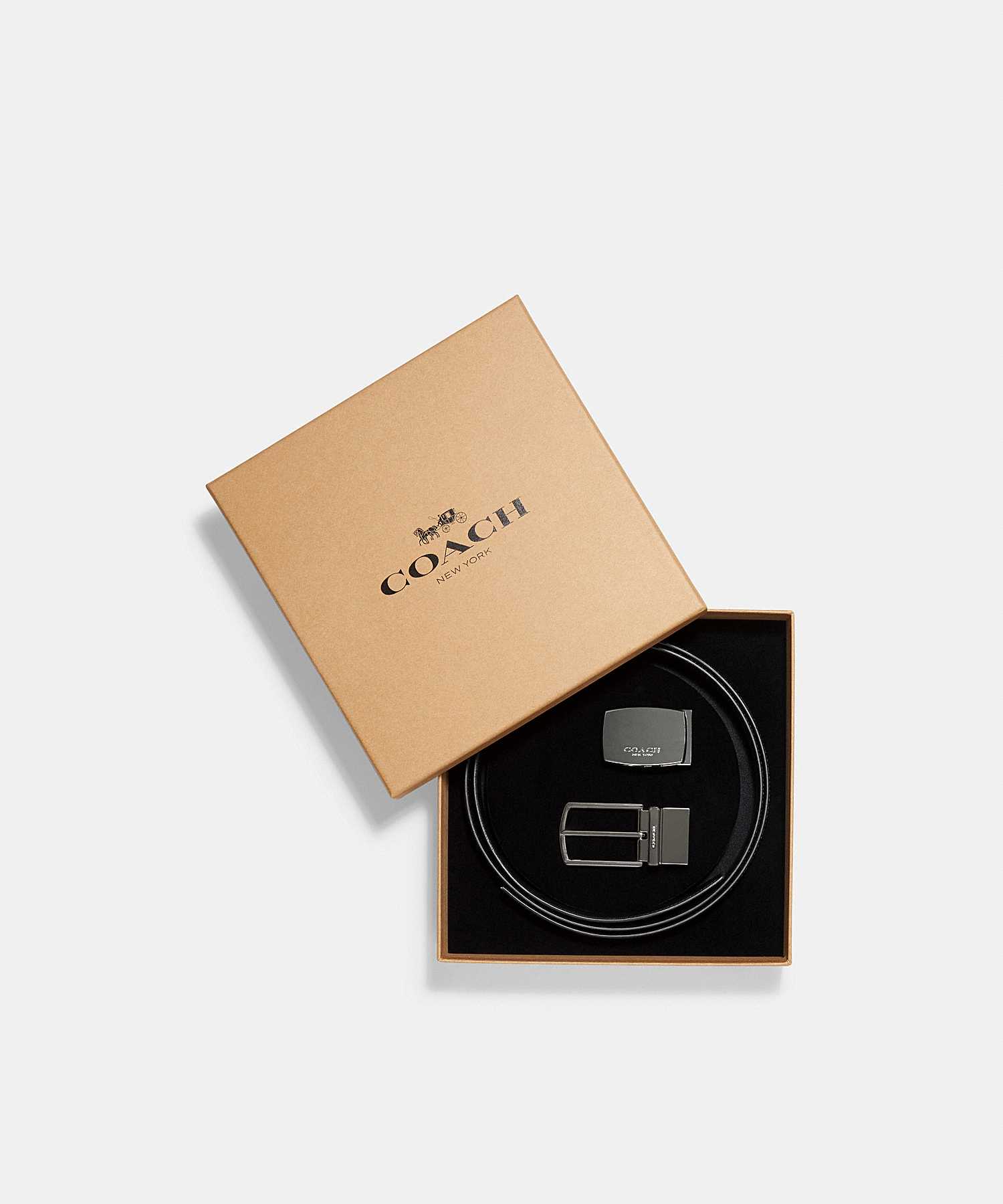 COACH BOXED PLAQUE AND HARNESS BUCKLE CUT-TO-SIZE REVERSIBLE BELT, 32MM 65242 CQ/BK