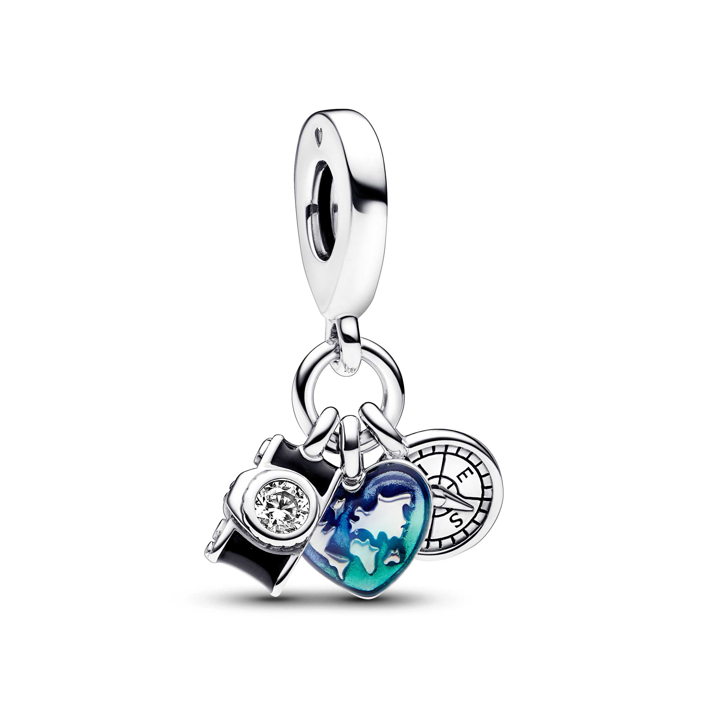 Camera, heart and compass sterling silver triple dangle