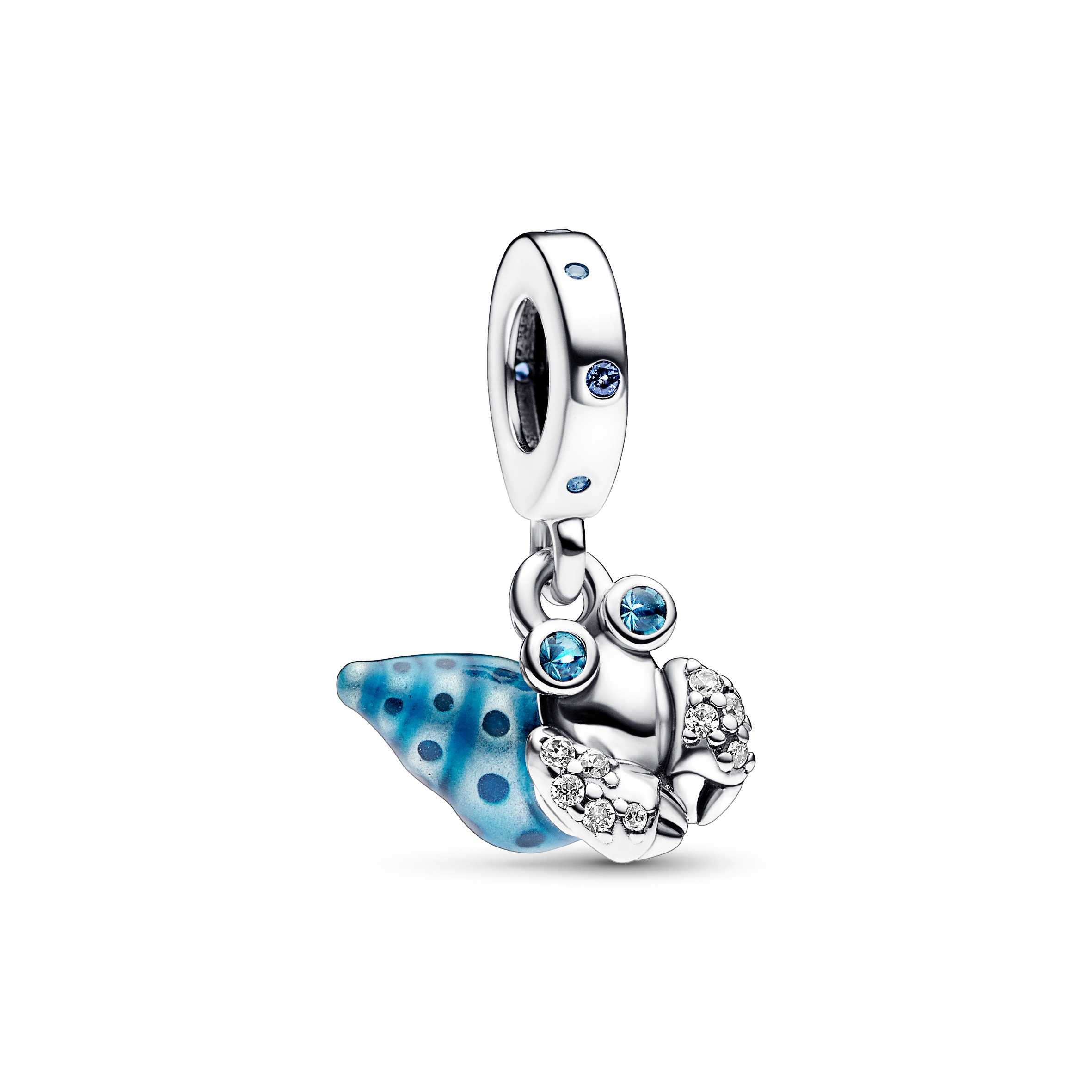 Hermit crab sterling silver dangle with stellar blue, icy green crystal, clear cubic zirconia