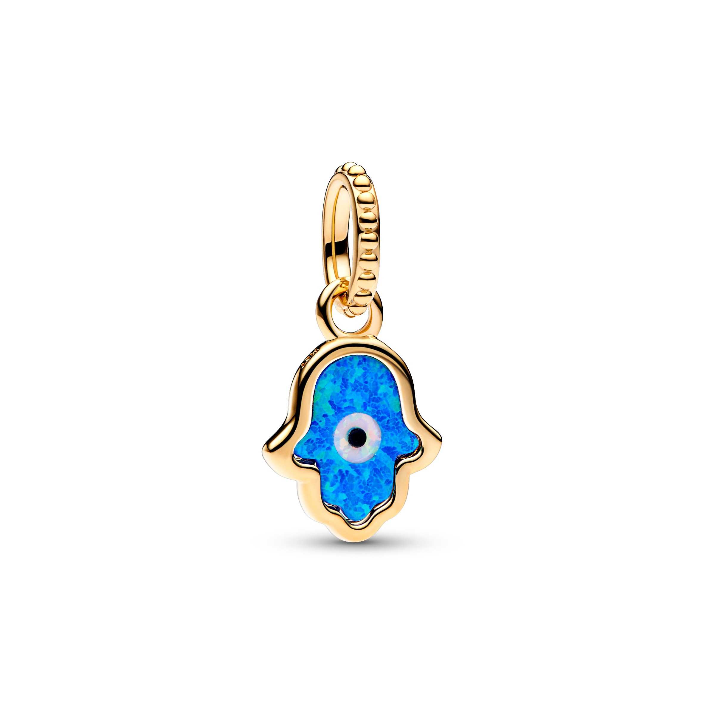 Hamsa hand 14k gold-plated dangle with deep blue and white lab-created opal