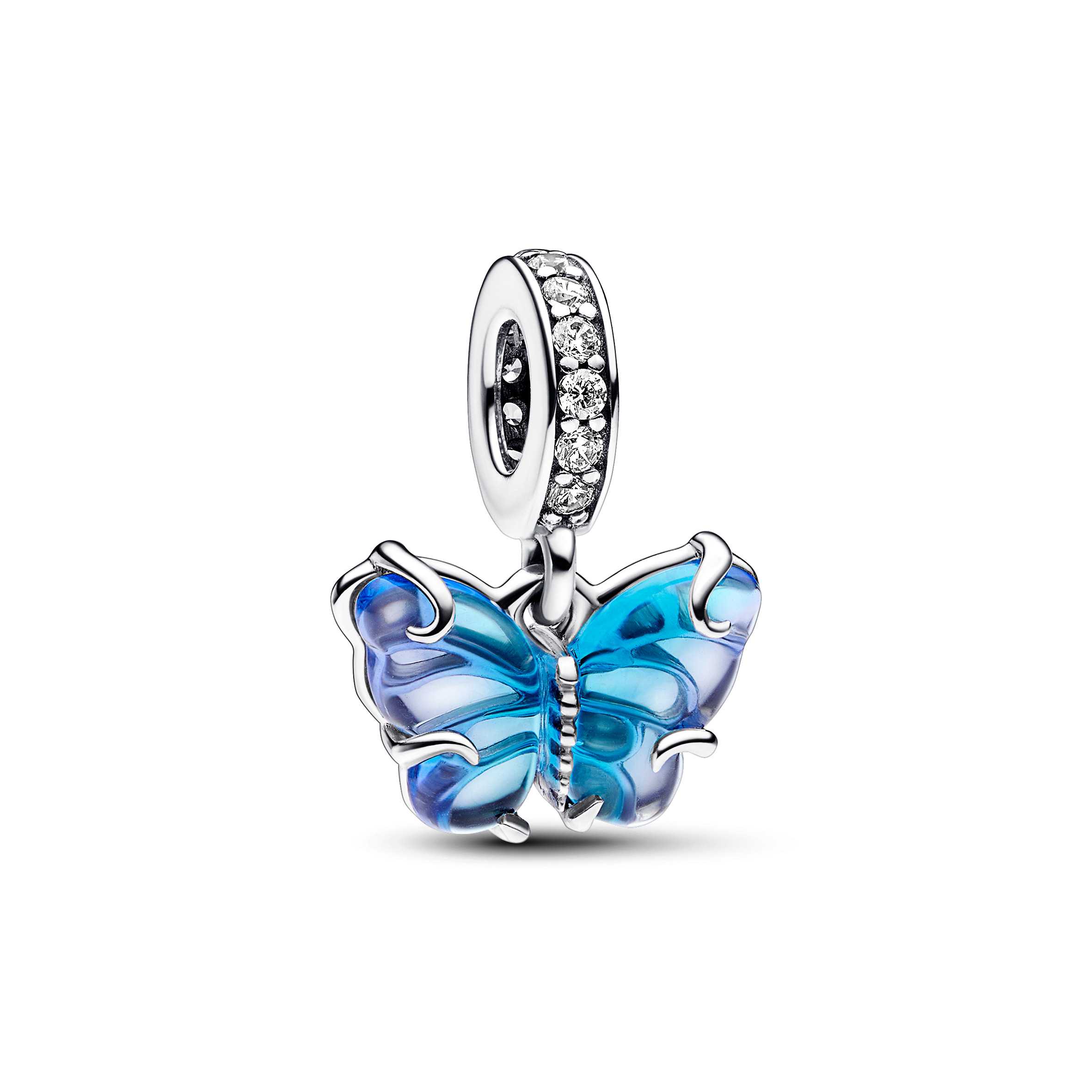 Butterfly sterling silver dangle with bi-colour blue Murano glass and clear cubic zirconia