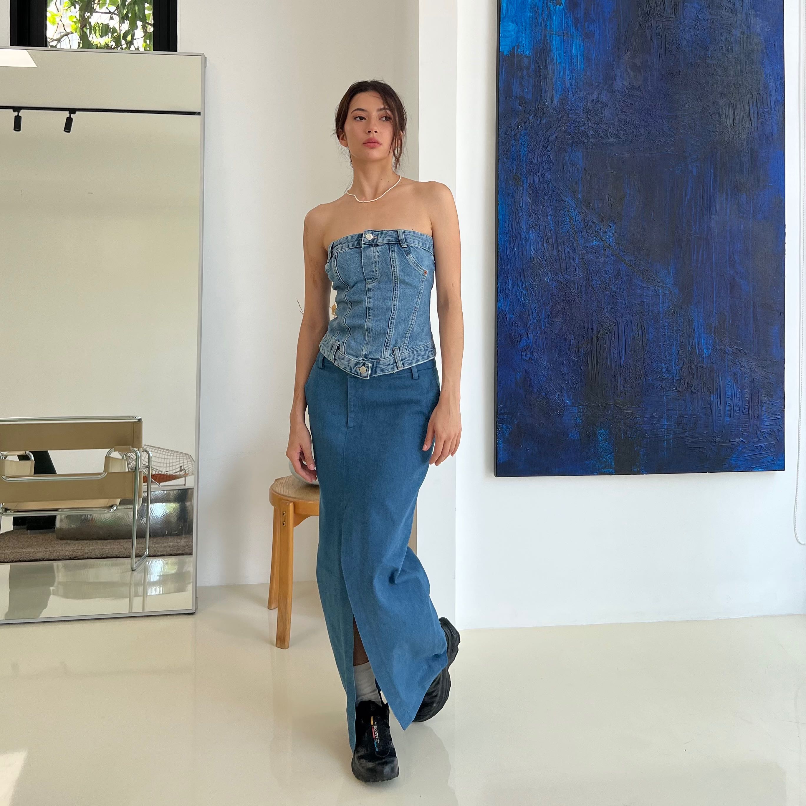 Wet Midi Denim Skirt in Denim#1