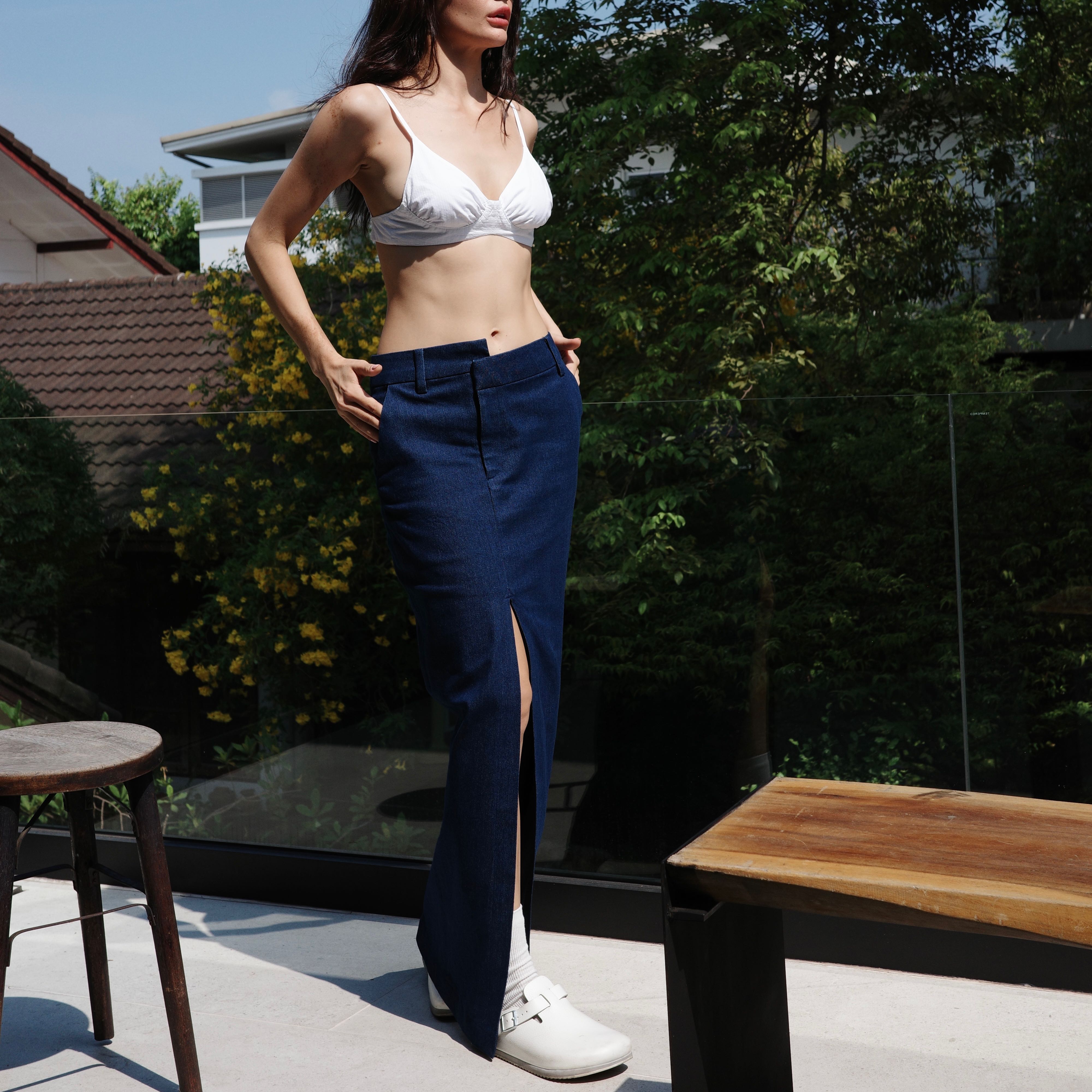 Wet Midi Denim Skirt in Dark Denim