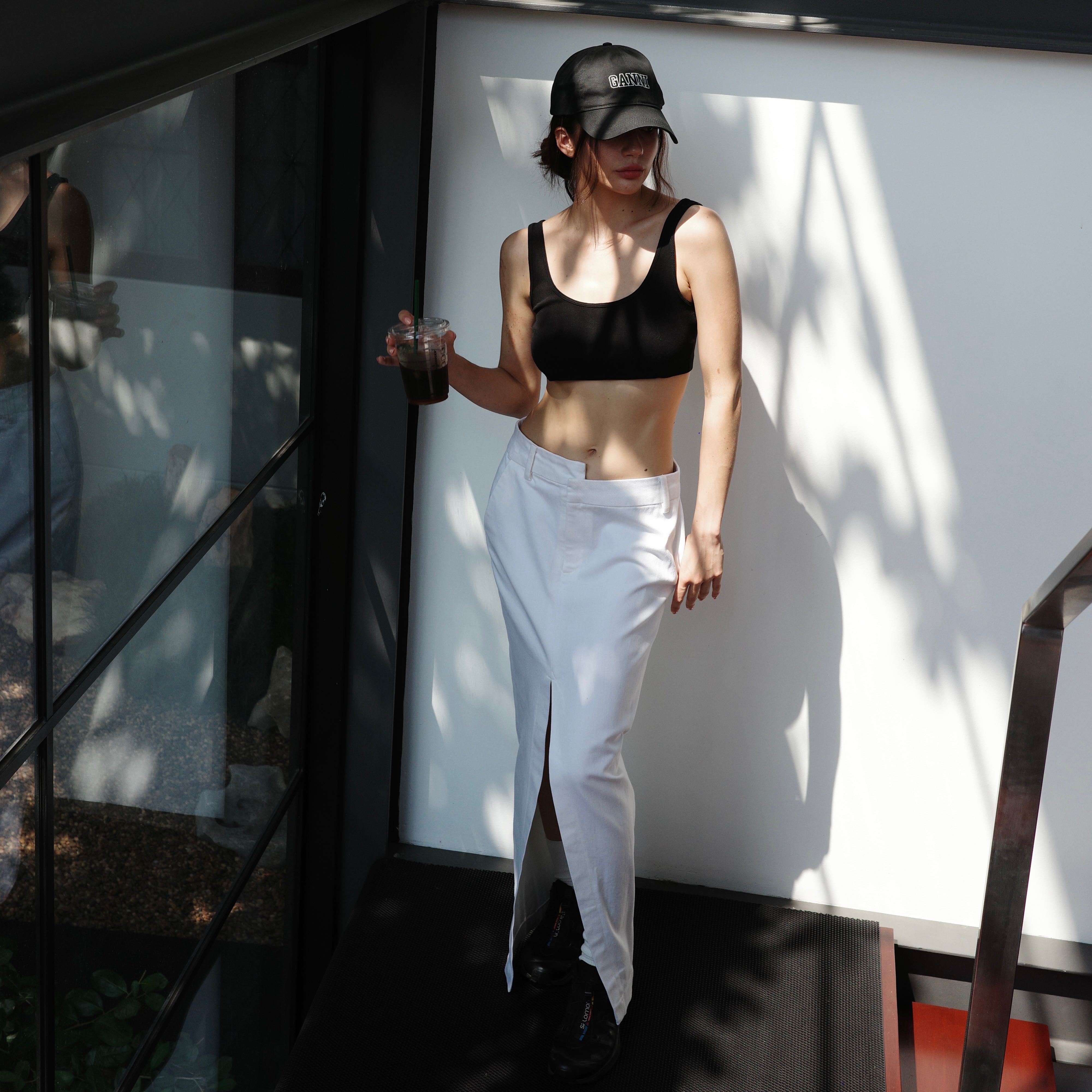 Wet Midi Denim Skirt in White
