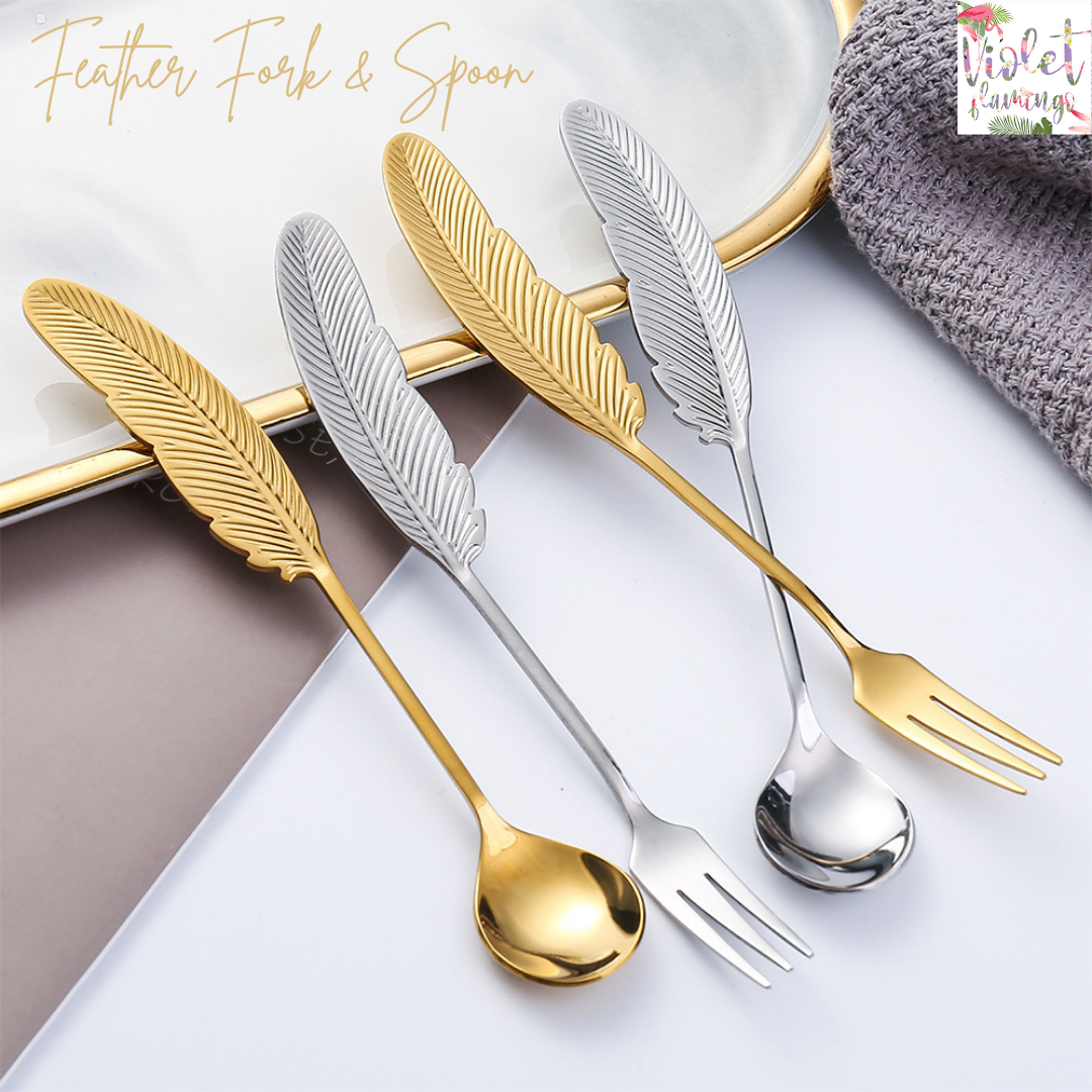 Feather Coffee Fork and Spoon ชุดช้อนส้อมขนมปลายขนนก ช้อนสแตนเลส 304 อย่างดี มี 2 สี