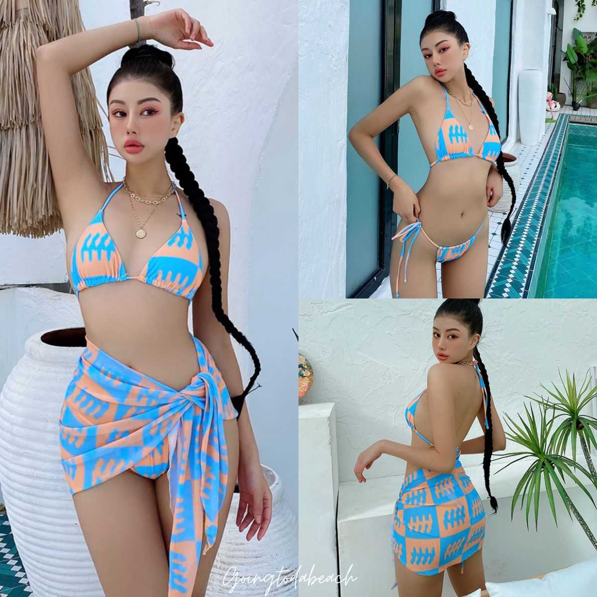 ʙɪᴋɪɴɪ sᴇᴛ •  Set 3 ชิ้น Bikini + กางเกง + ผ้าคลุม ลายผ้าสีฟ้าสลับส้ม มีซับในและฟองน้ำ