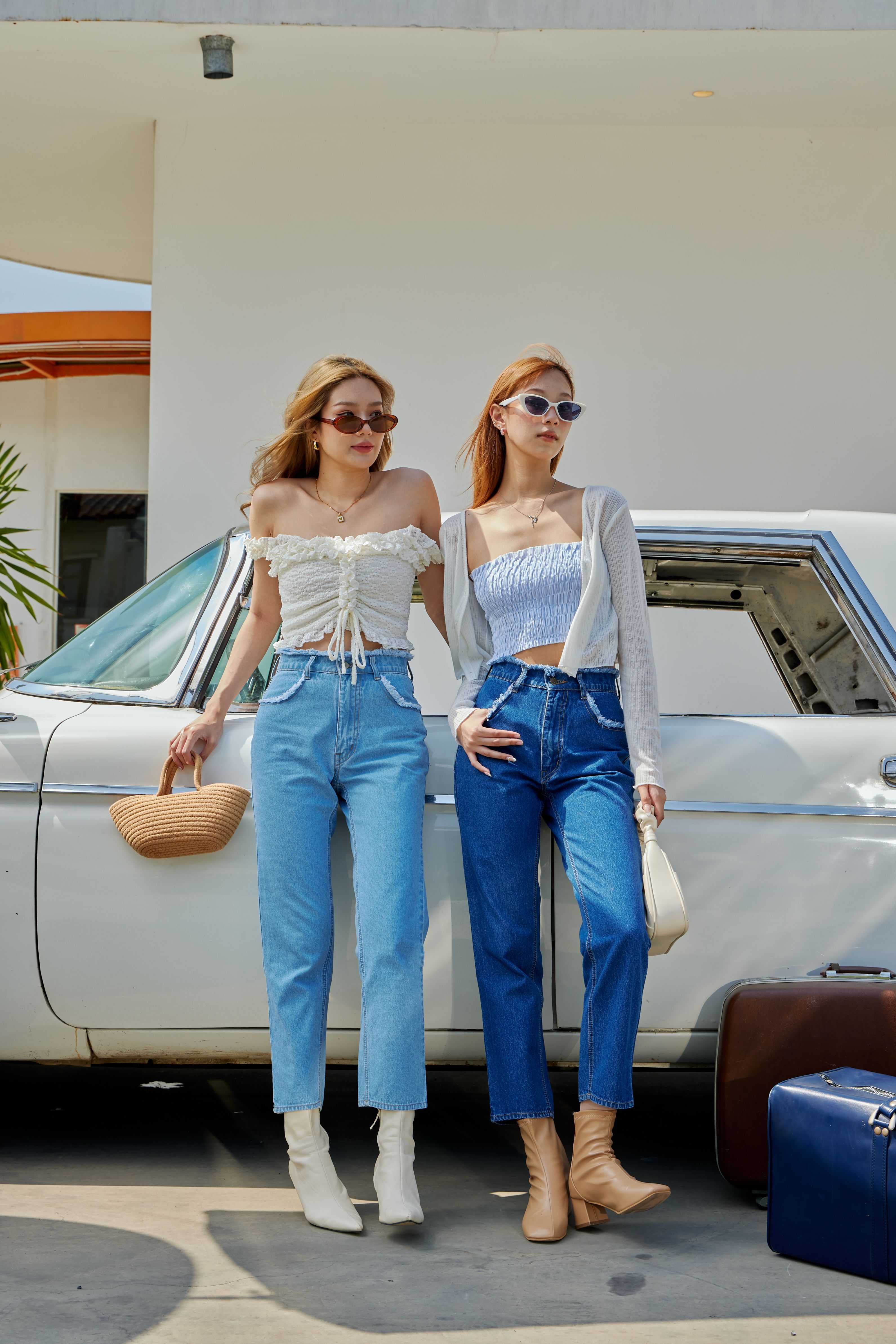 Sis 536 California straight jeans with raw waist- Blue/Dark blue