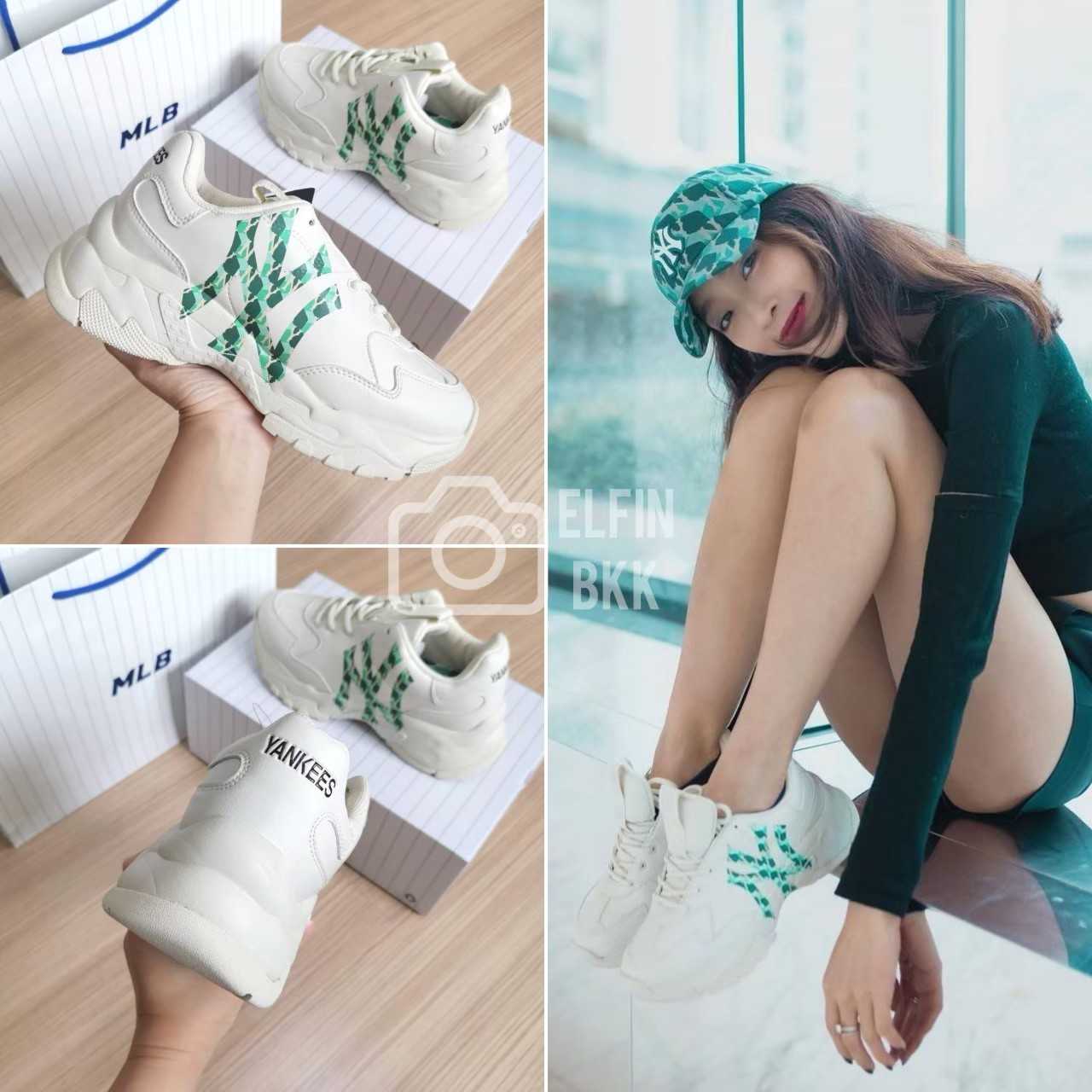 🚨Clearance Sale🚨 ตำหนิ MLB Bigball Chunky Cube รองเท้าเสริมส้น สีครีม โลโก้ NY สีเขียว