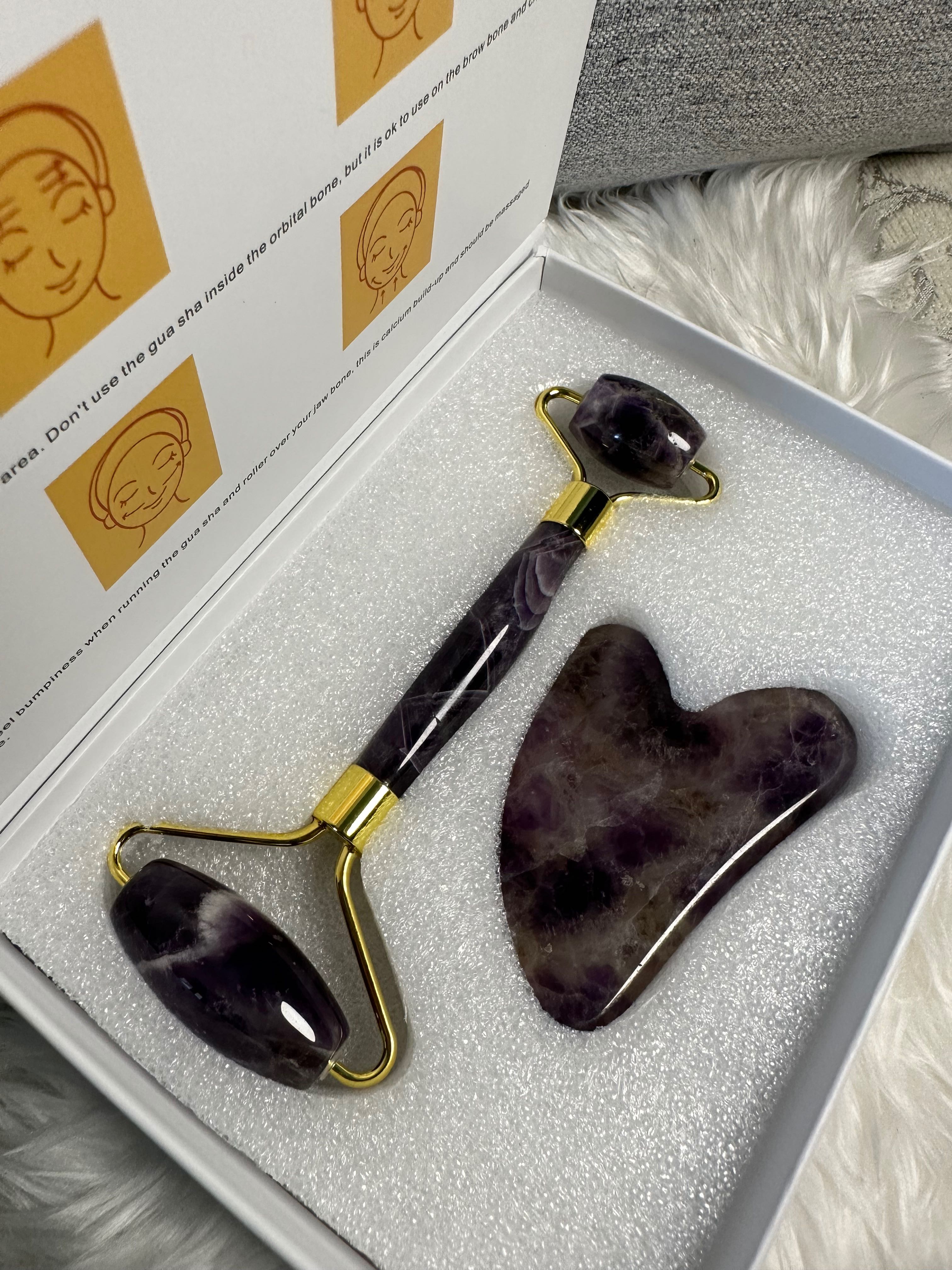 Amethyst Jade Roller Gua Sha Set Face Roller Facial Beauty Roller Skin Care Tools
