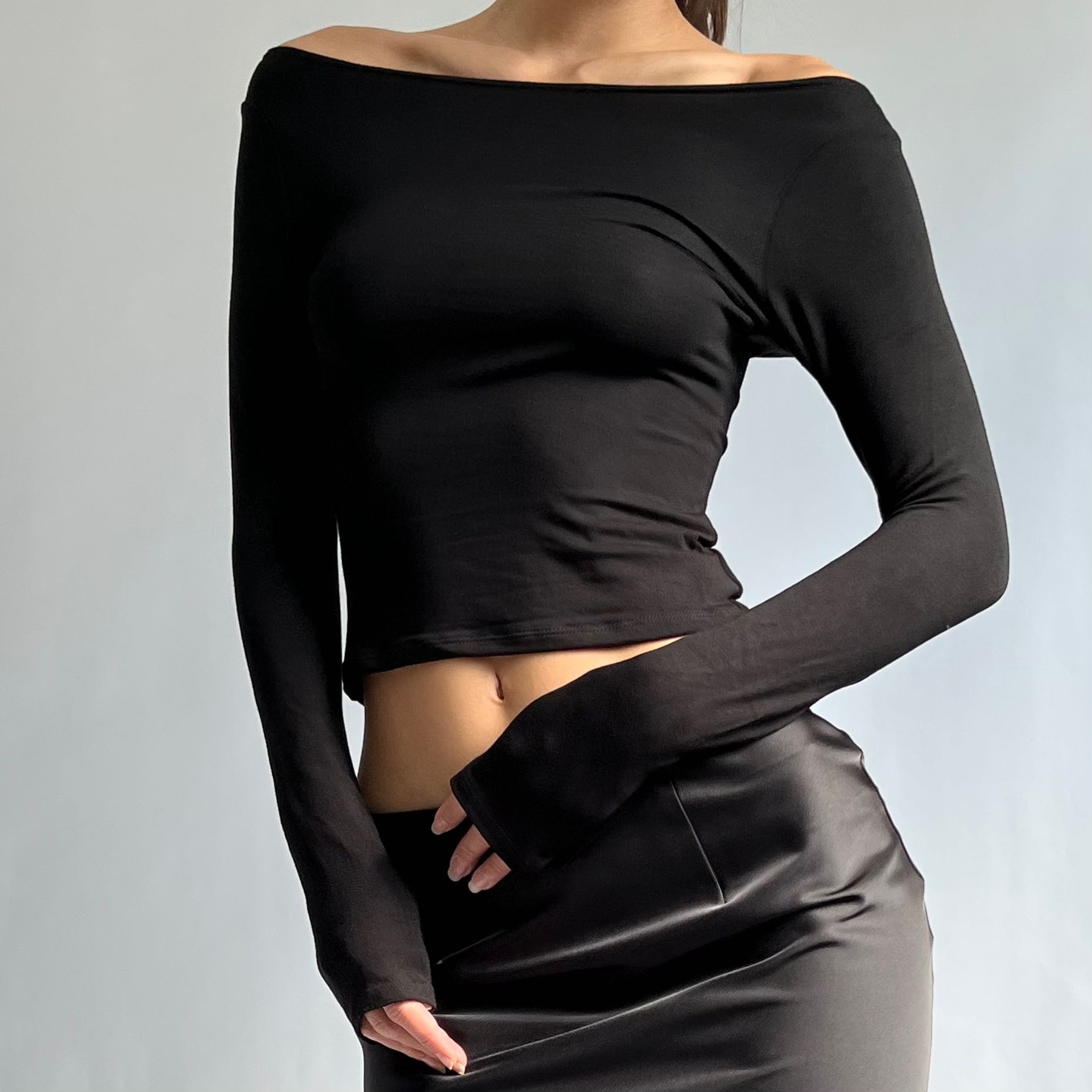 Charlotte Off Shoulder Long Sleeve Top in Black