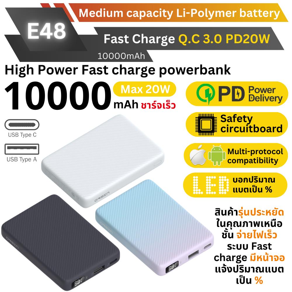 New Budget! E48 10000mAh PD 20W แถมสายชาร์จ สินค้าจัดส่งฟรี!