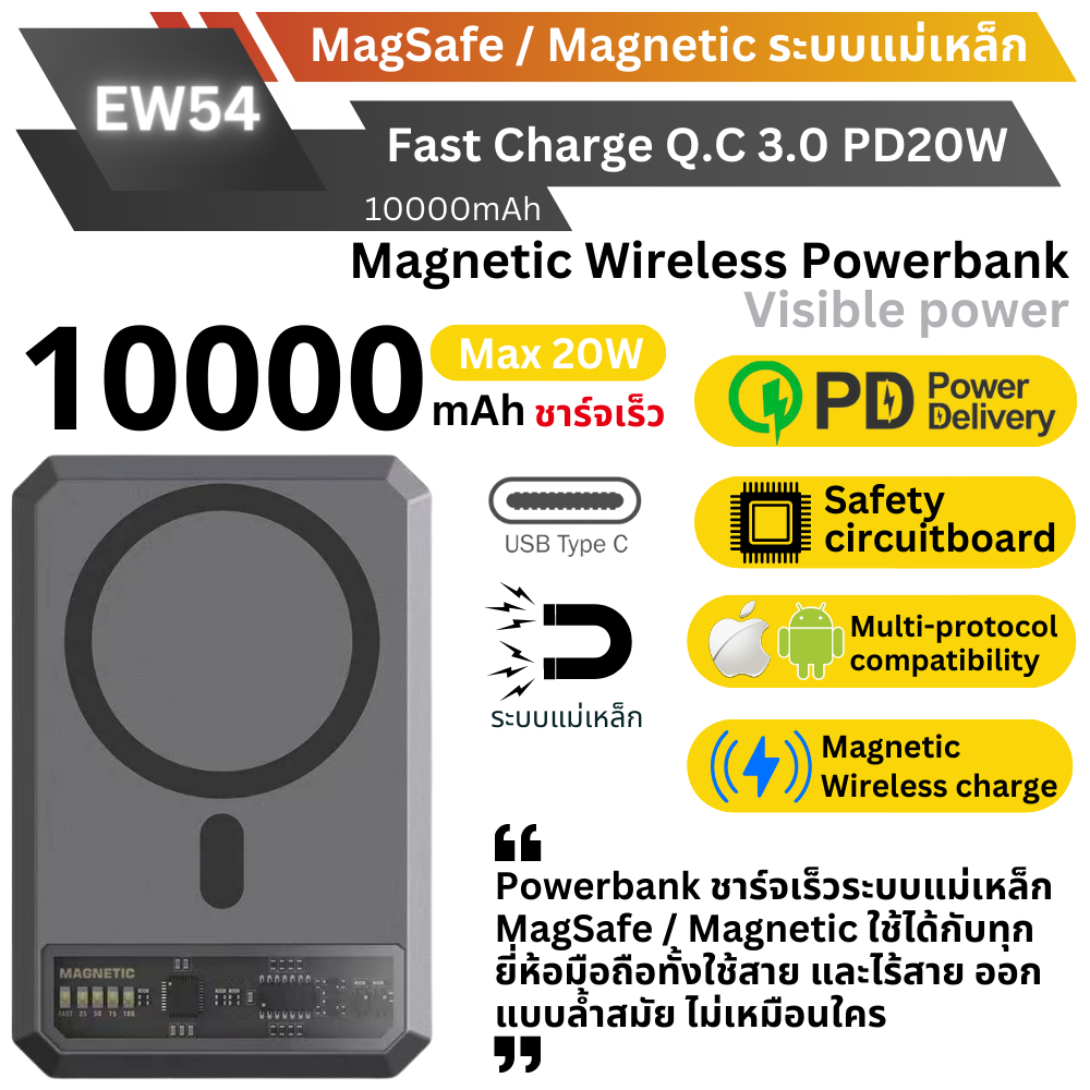 MagSafe! EW54 10000 mAh PD 20W สีเทา / Grey แถมซอง & สายชาร์จ สินค้าจัดส่งฟรี!