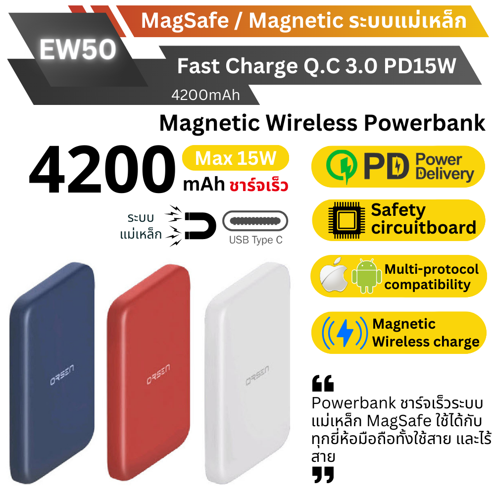 MagSafe! EW50 Magnetic Powerbank 4200 mAh แถมซอง & สายชาร์จ สินค้าส่งฟรี!