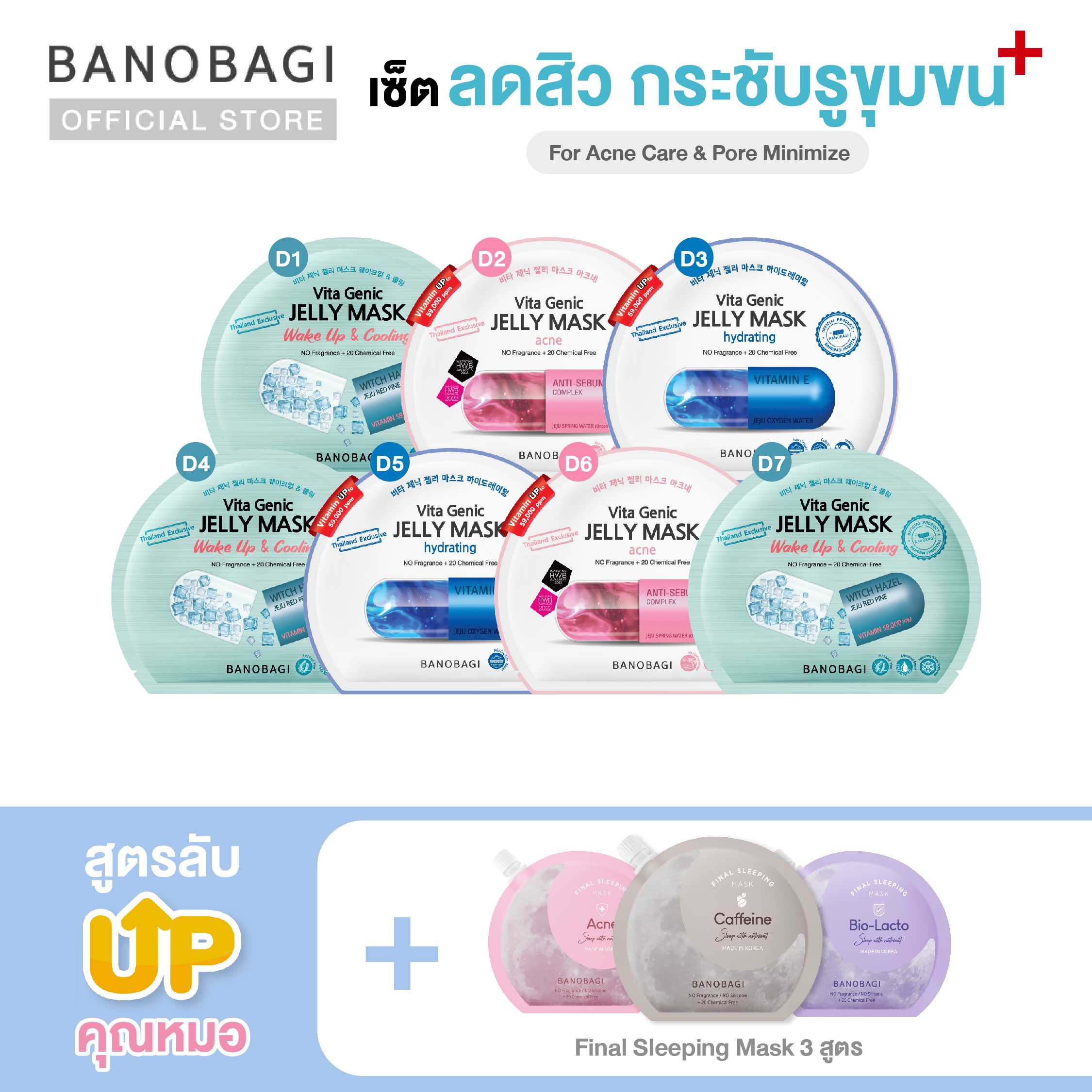 Up Level ⬆️ 7 Days🧊ลดสิว กระชับรูขุมขน🧊BANOBAGI Jelly Mask for Acne Care&Pore Minimize