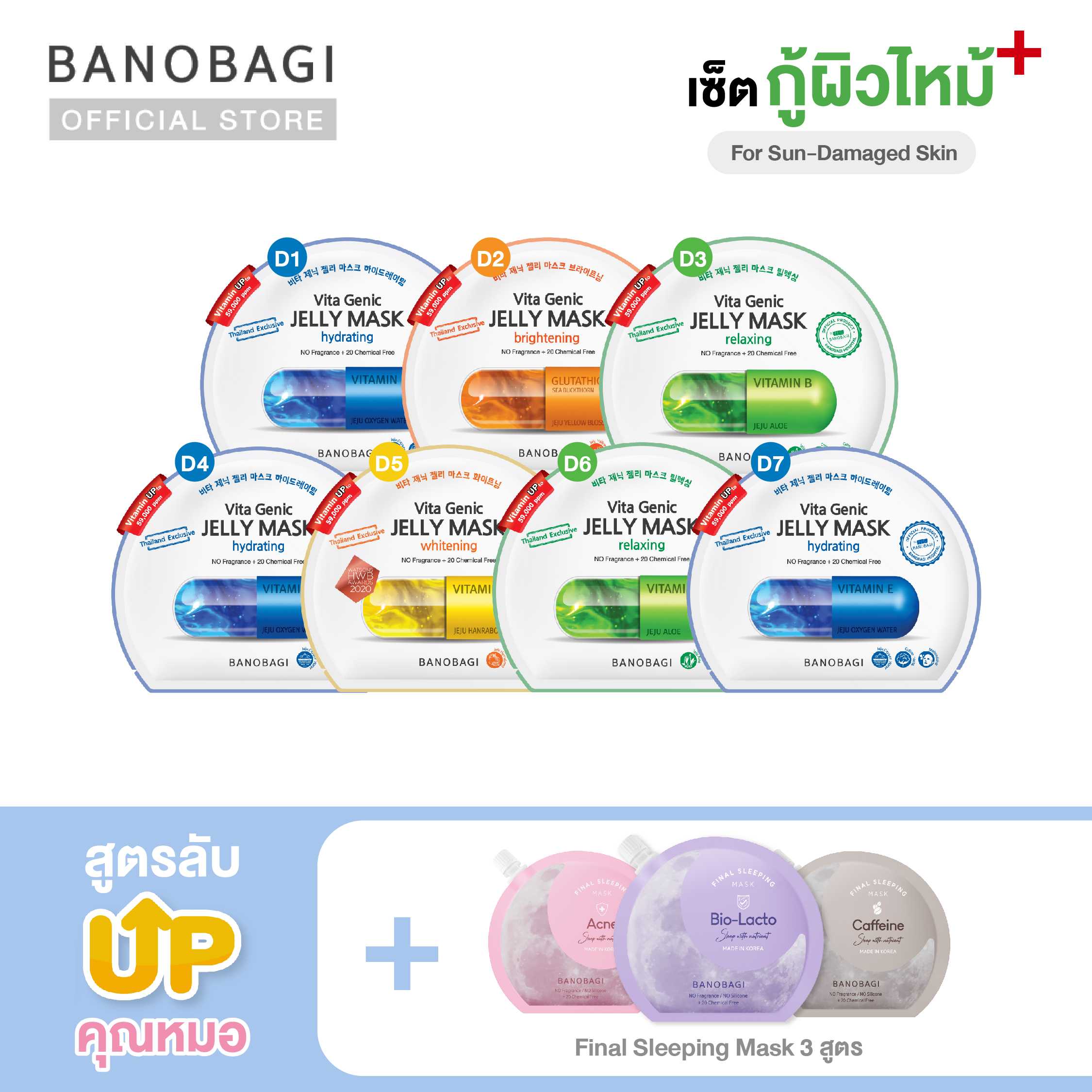 Up Level ⬆️ 7 Days🌞กู้ผิวไหม้🌞BANOBAGI Jelly Mask for Sun-Damaged Skin