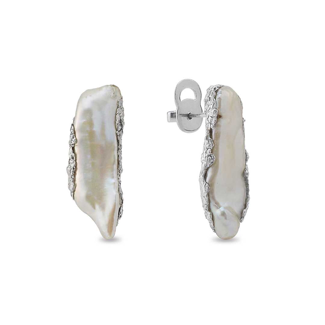 Stud Pearl Earrings Flat Biwa