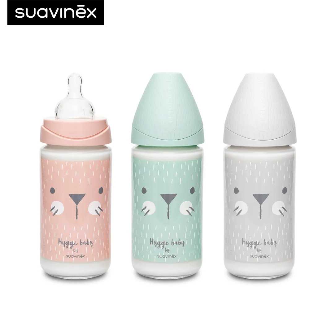 Suavinex ขวดนม ลาย HYGGE : 240ml Premium PA glass wide neck bottle with 3P round teat อายุ 3-18 M