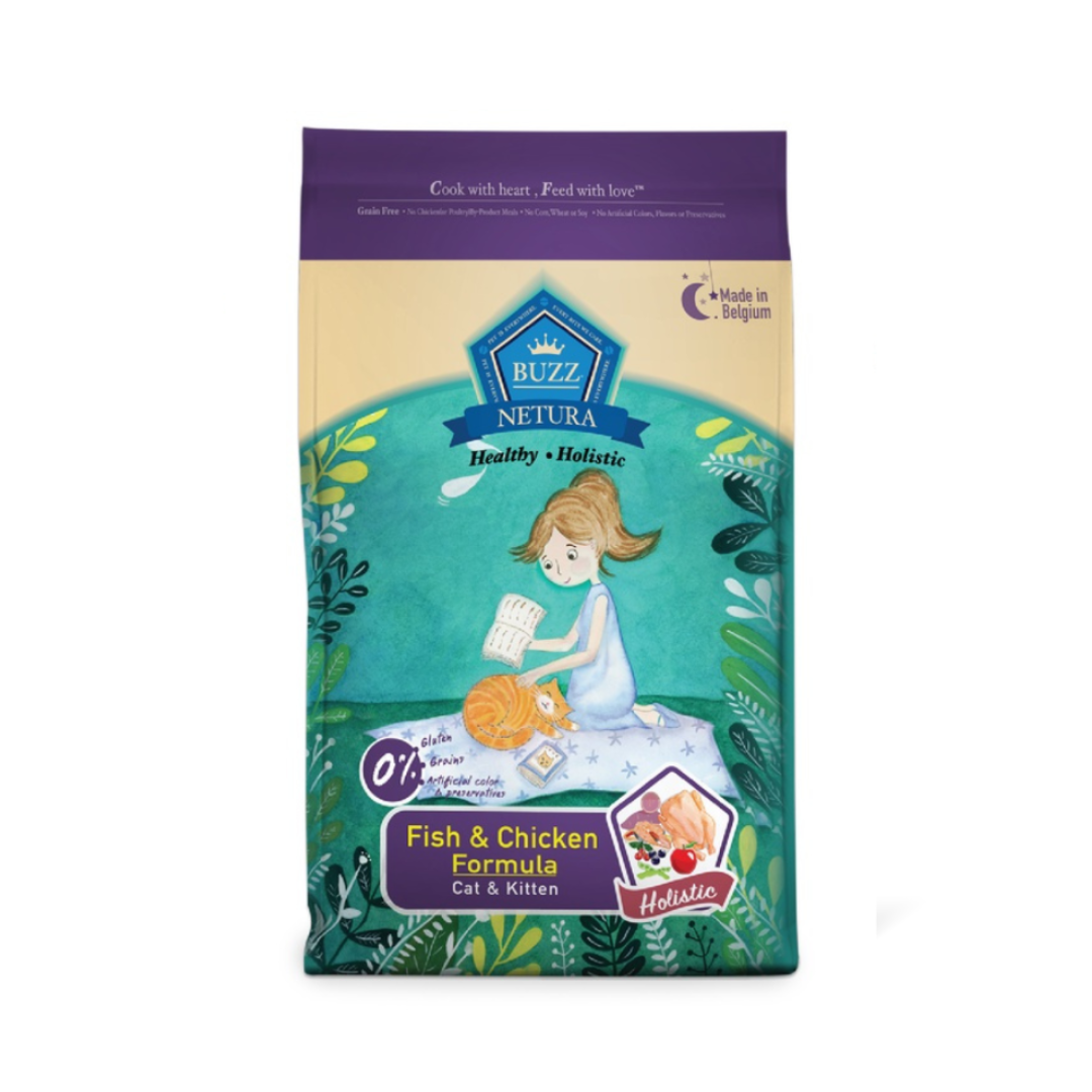 Buzz Netura บัซซ์ อาหารสำหรับแมว โฮลิสติก-เกรนฟรี สูตรเนื้อปลา&เนื้อไก่ 4 kg.