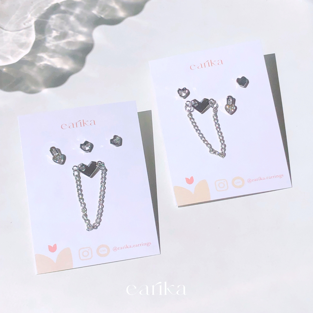 earika.earrings - metal heart set เซ็ตต่างหูหัวใจสายโซ่ก้านเงินแท้ คนแพ้ง่ายใส่ได้